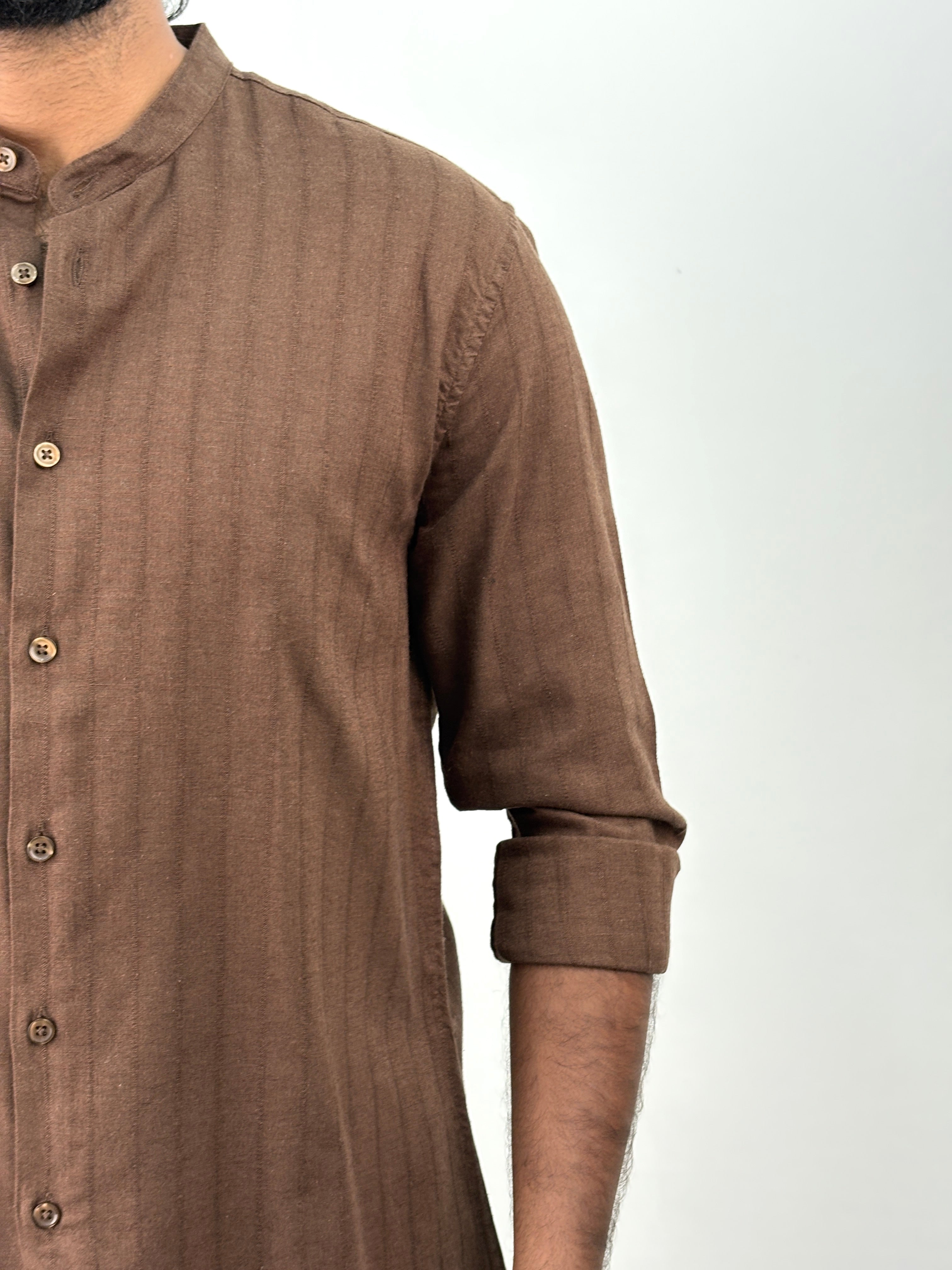 Coffee Brown Mandarin Collar Stripe Shirt
