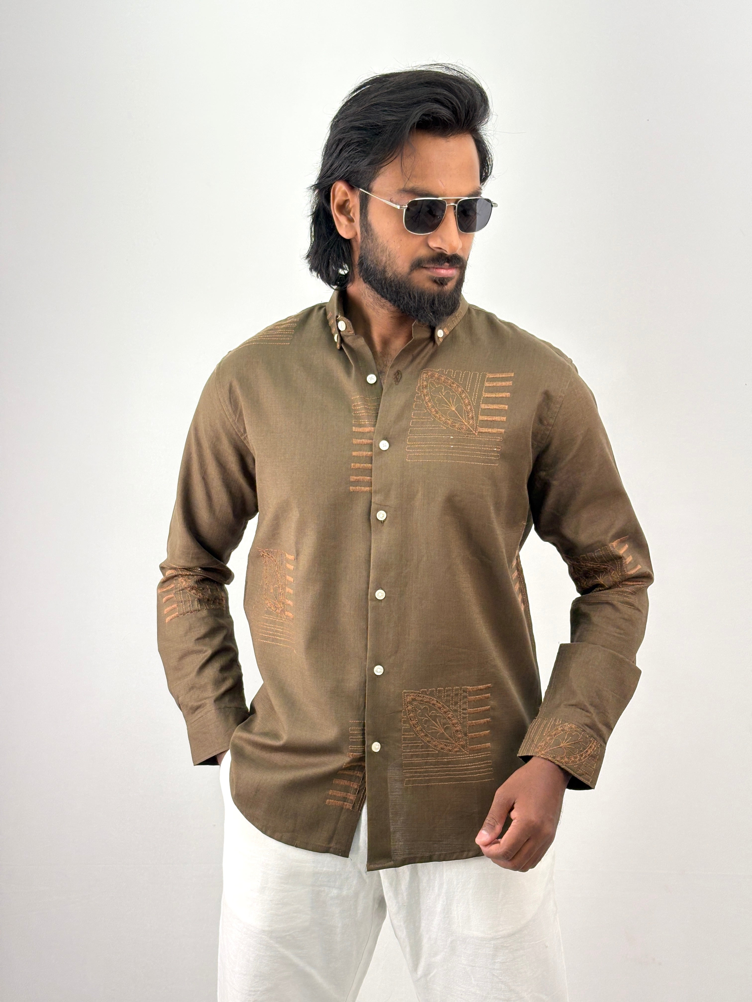 Olive Linen Embroidery Shirt