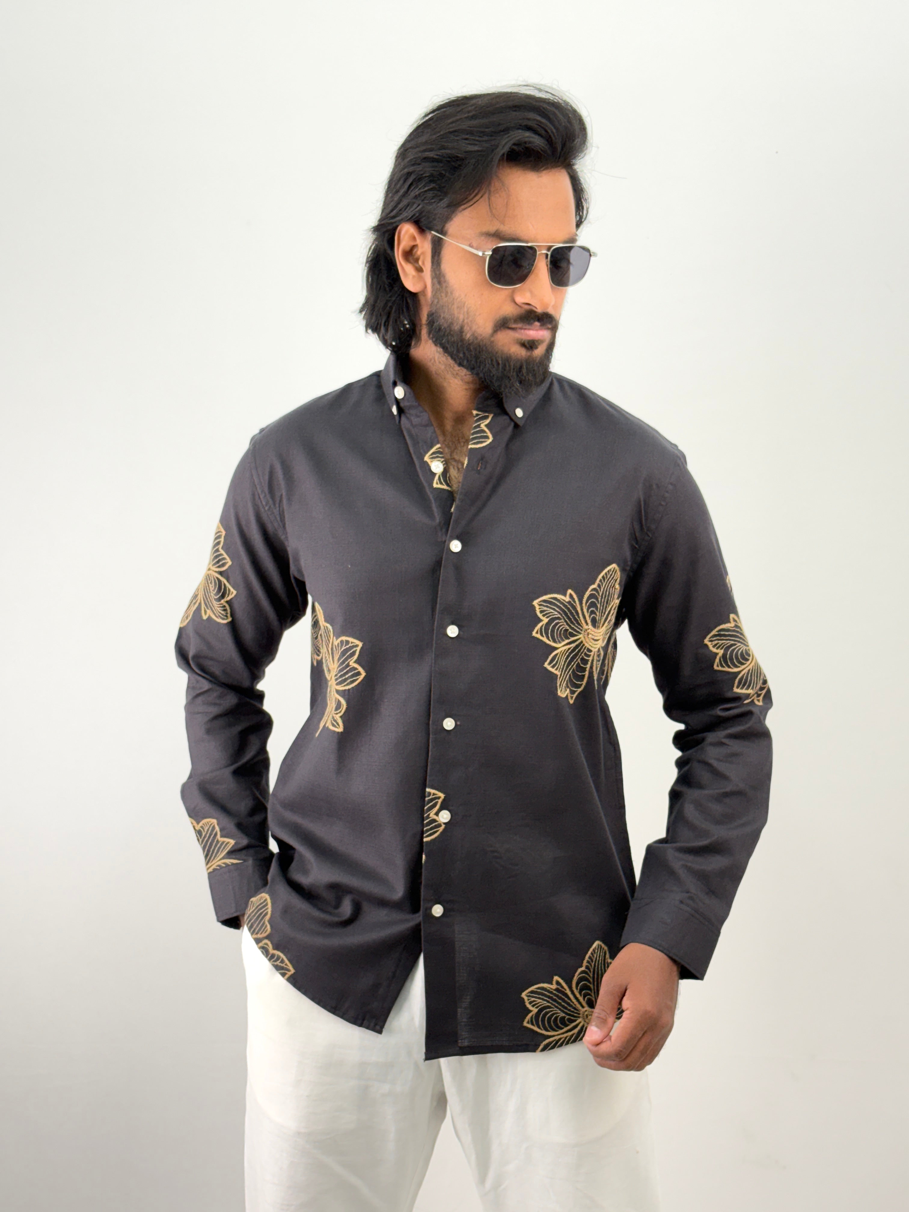 Charcoal Grey Linen Embroidery Shirt