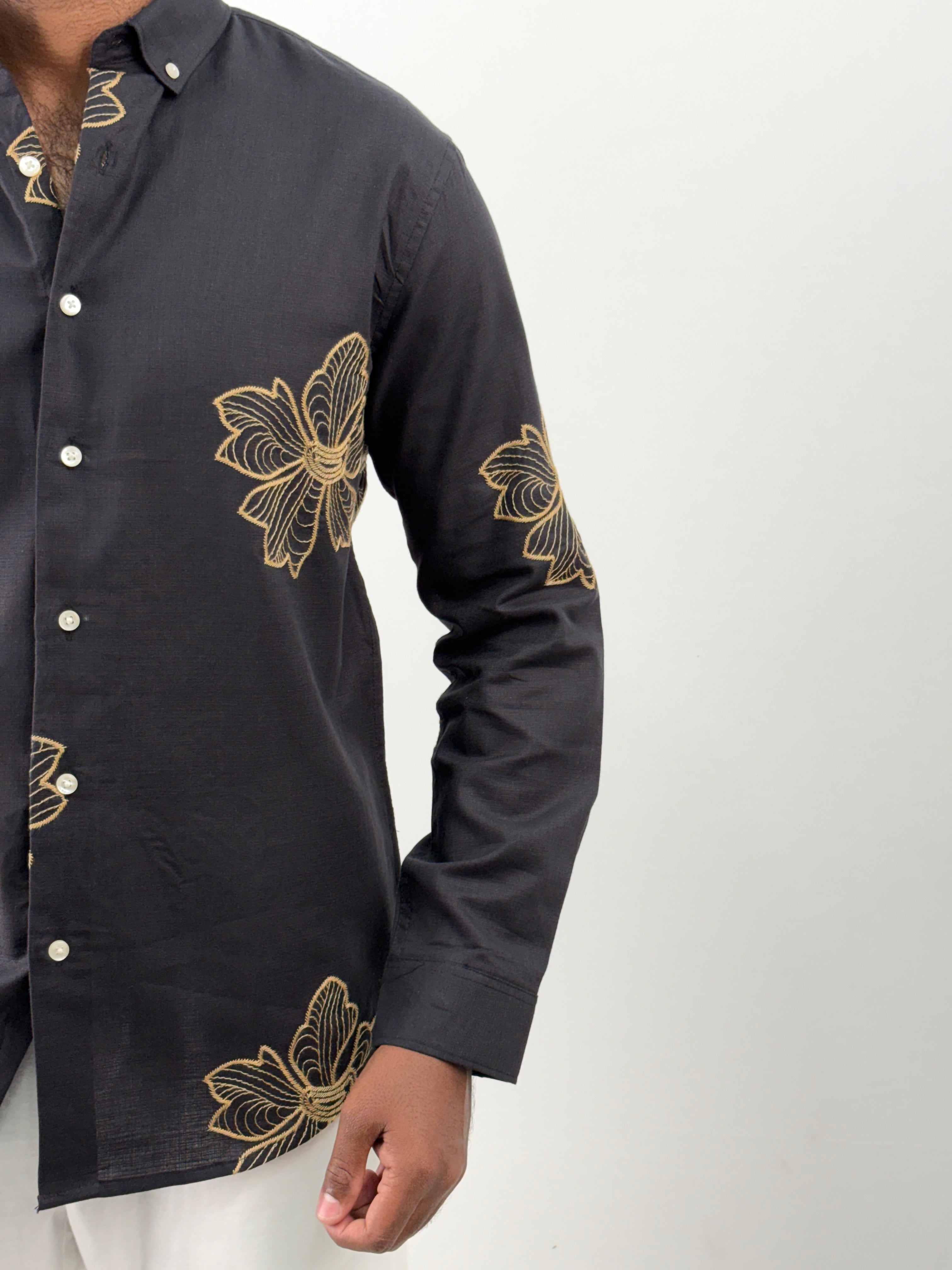 Charcoal Grey Linen Embroidery Shirt