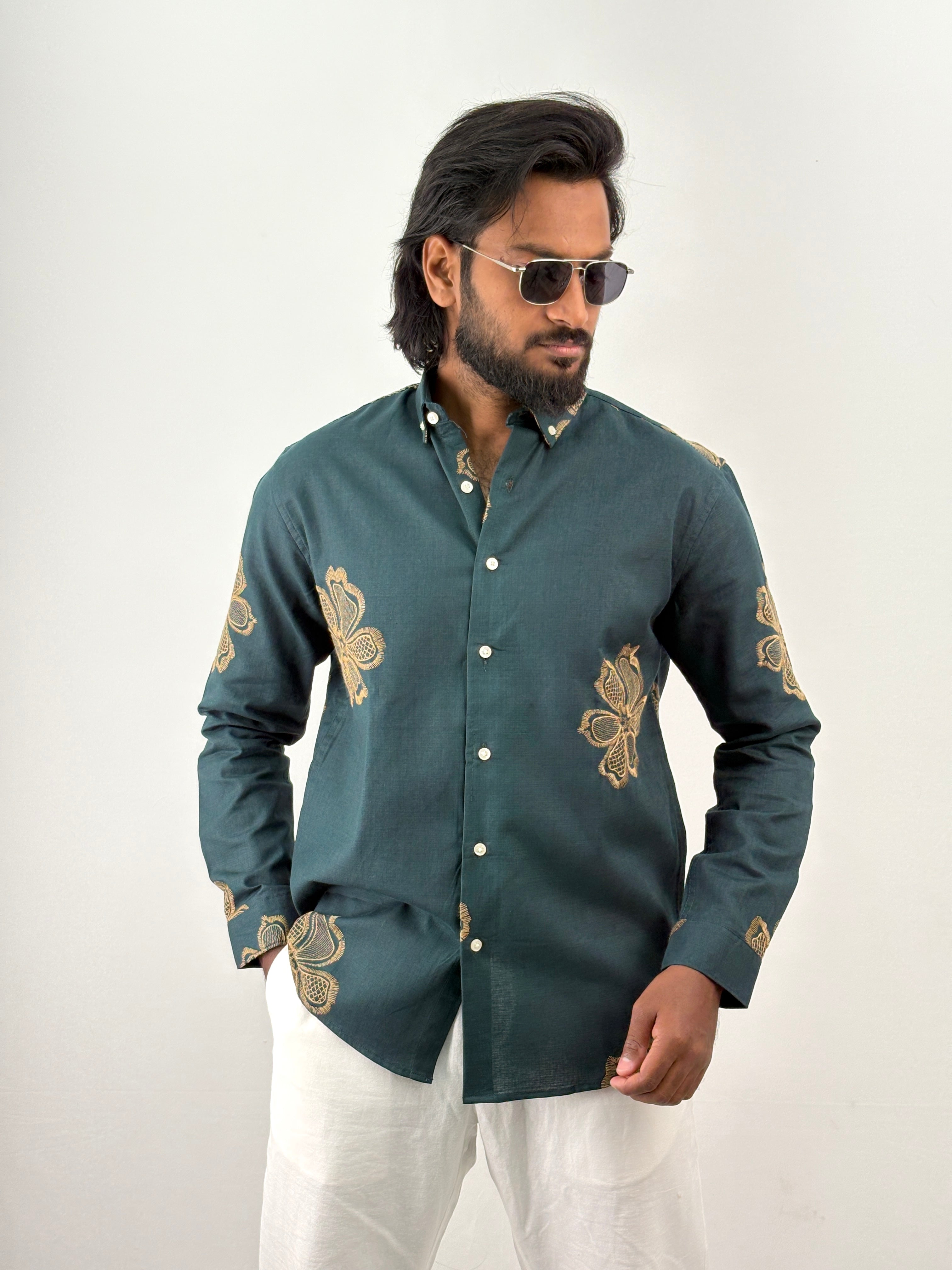 Peacock Linen Embroidery Shirt