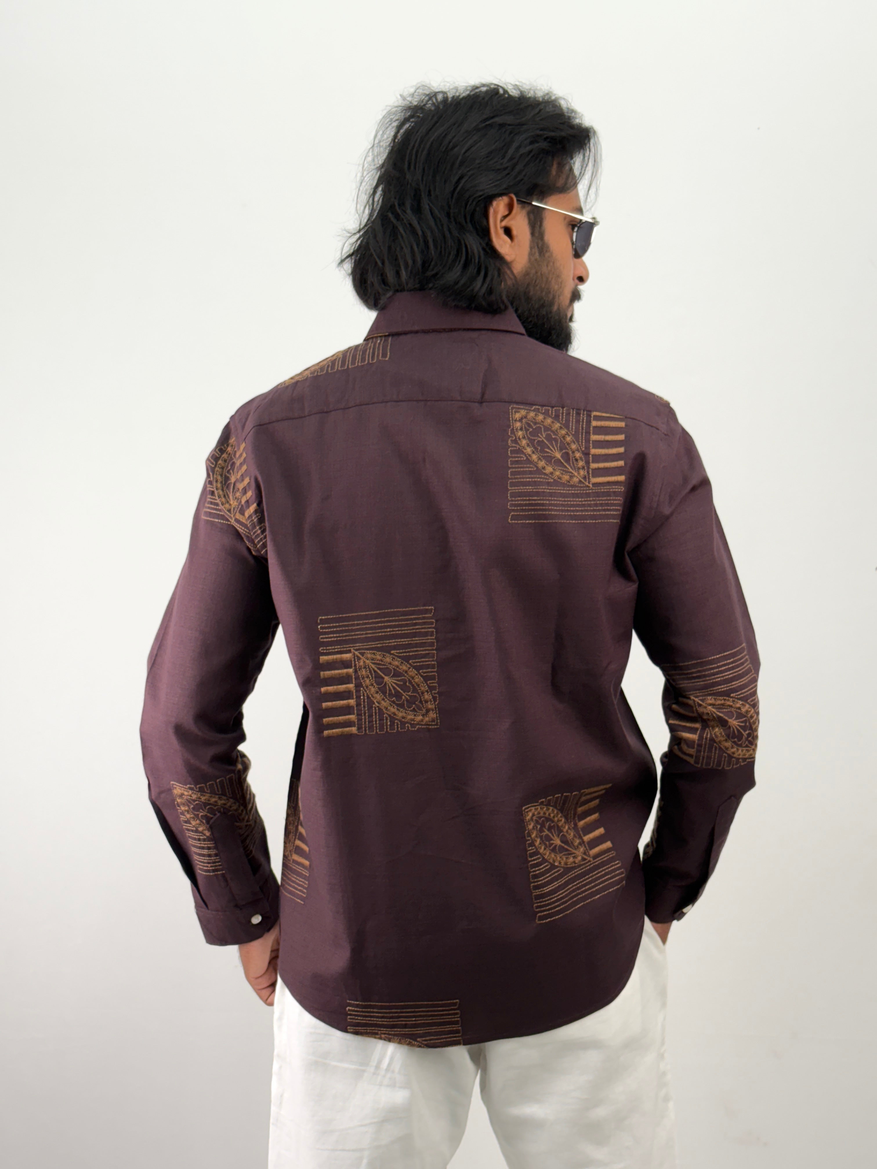 Wine Linen Embroidery Shirt