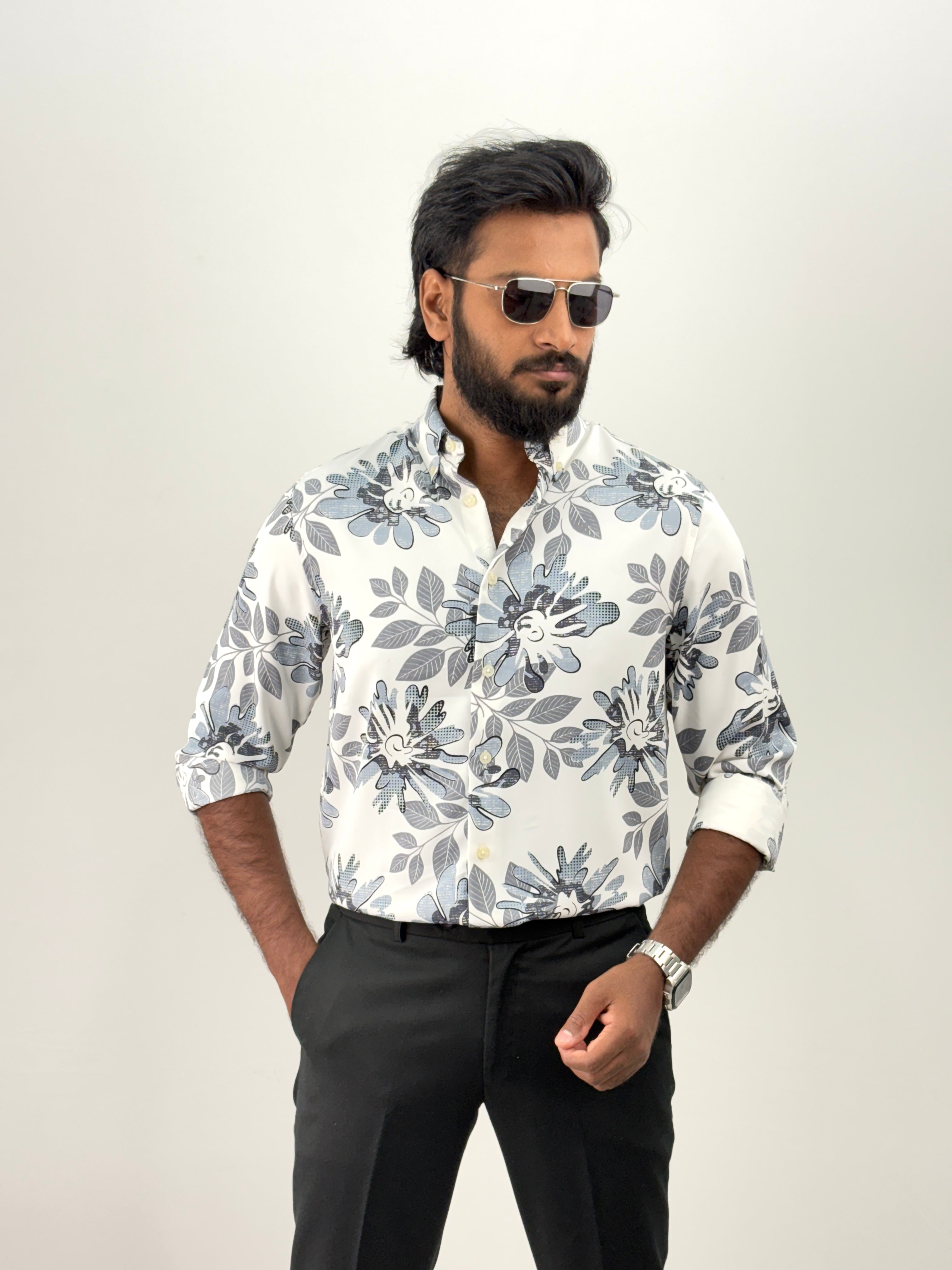 White Grey Printed Shirt