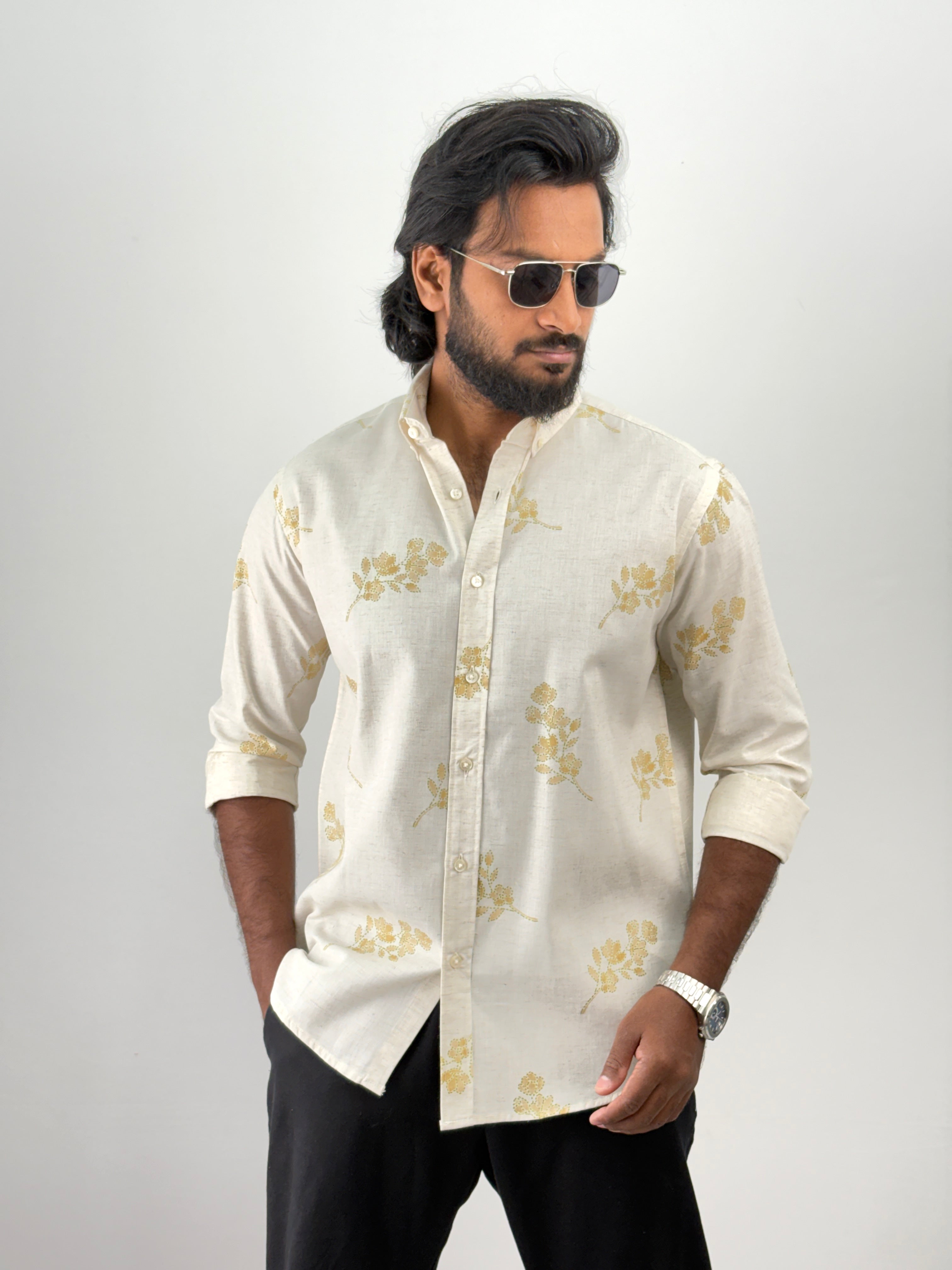 Beige Yellow Linen Printed Shirt