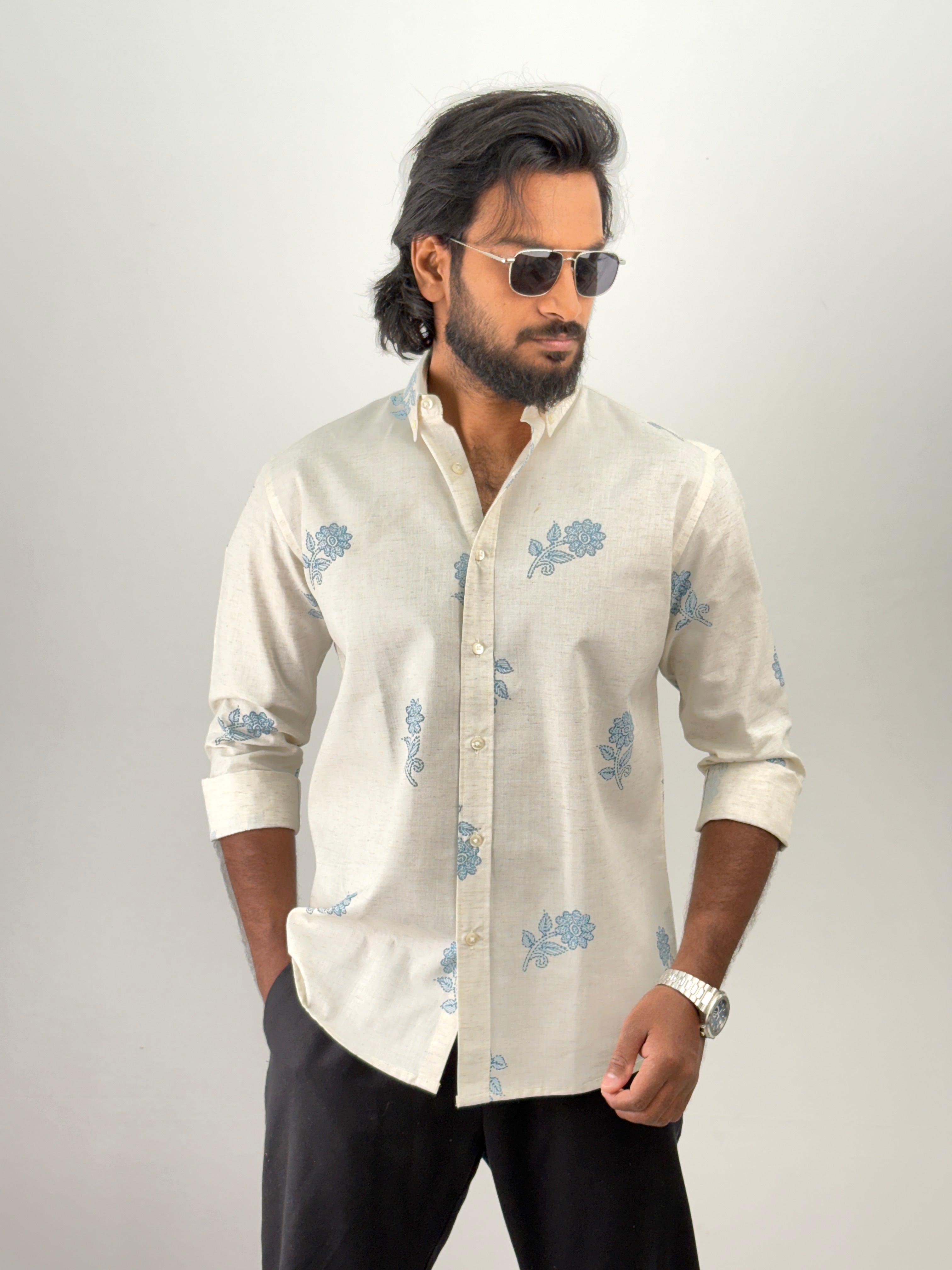 Beige Light Blue Linen Printed Shirt