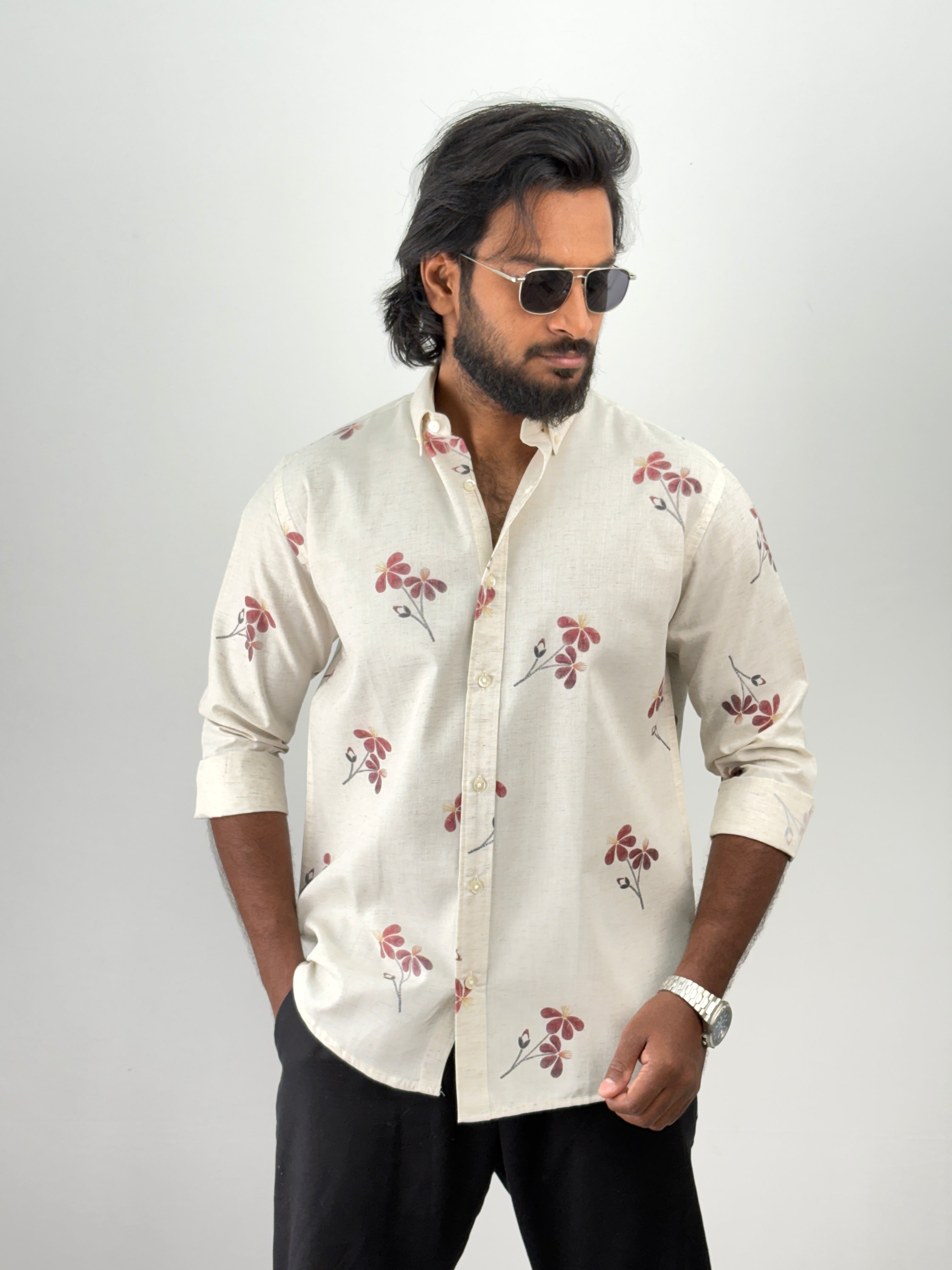 Beige Maroon Linen Printed Shirt
