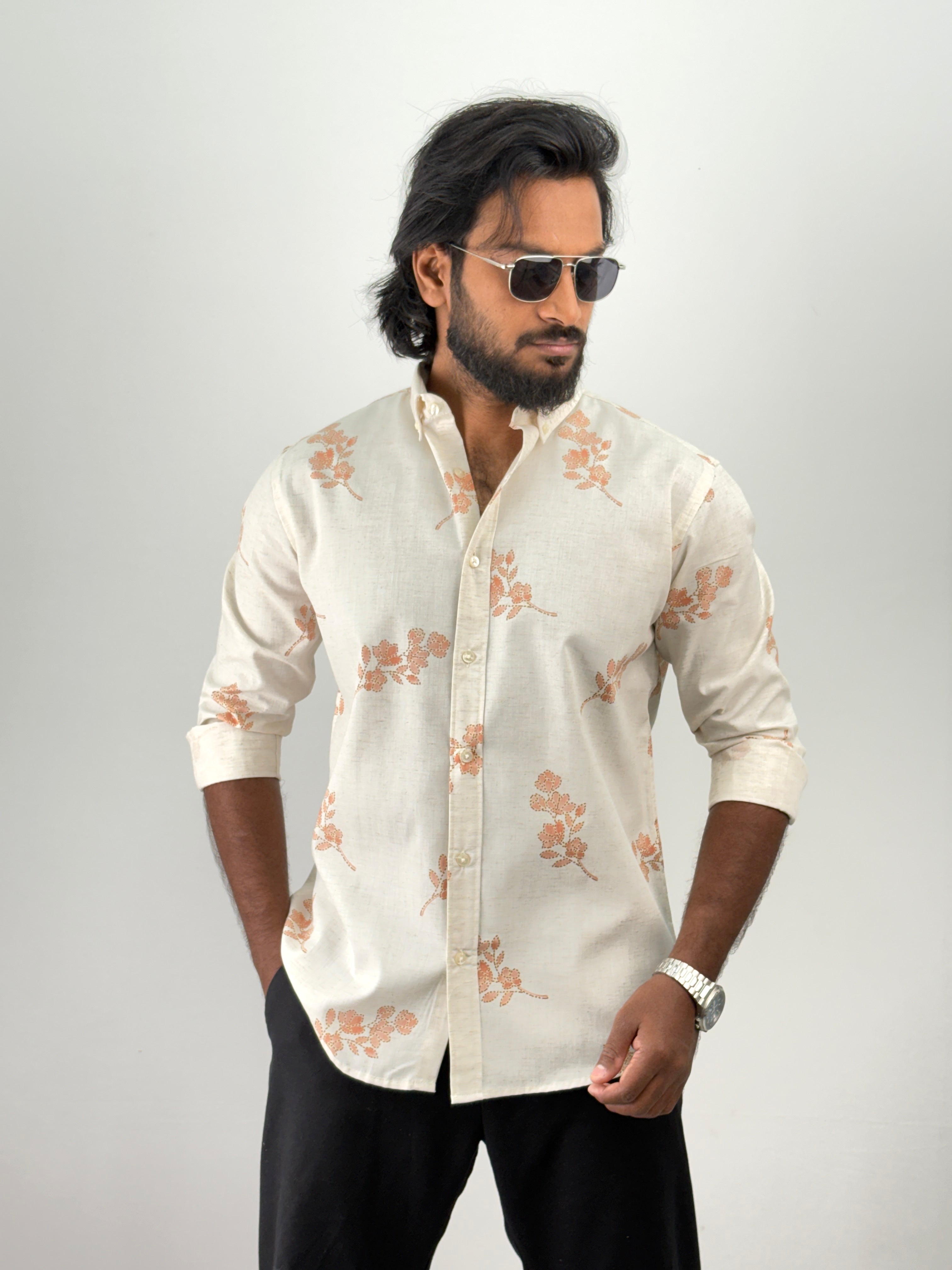 Beige Orange Linen Printed Shirt