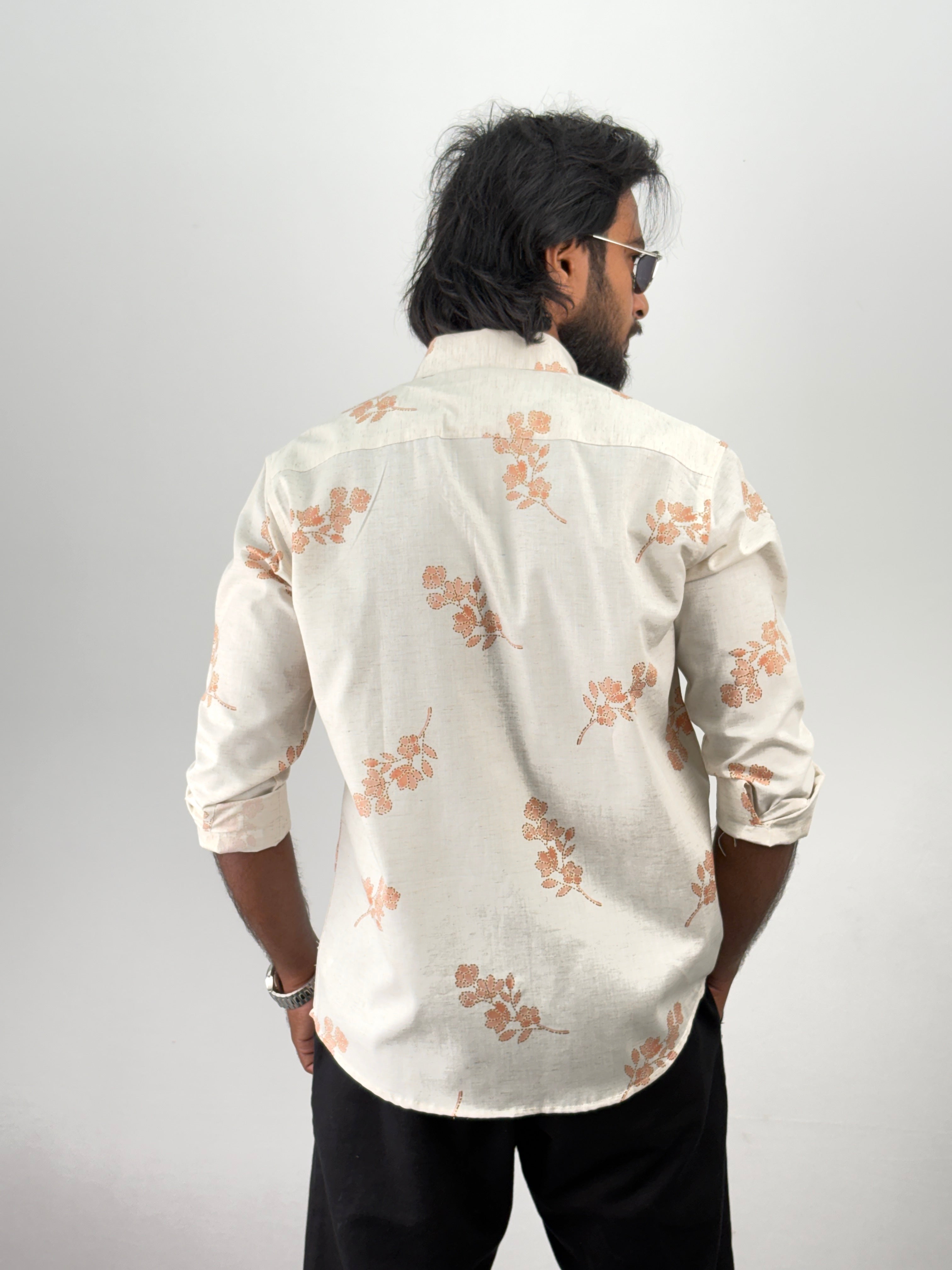 Beige Orange Linen Printed Shirt