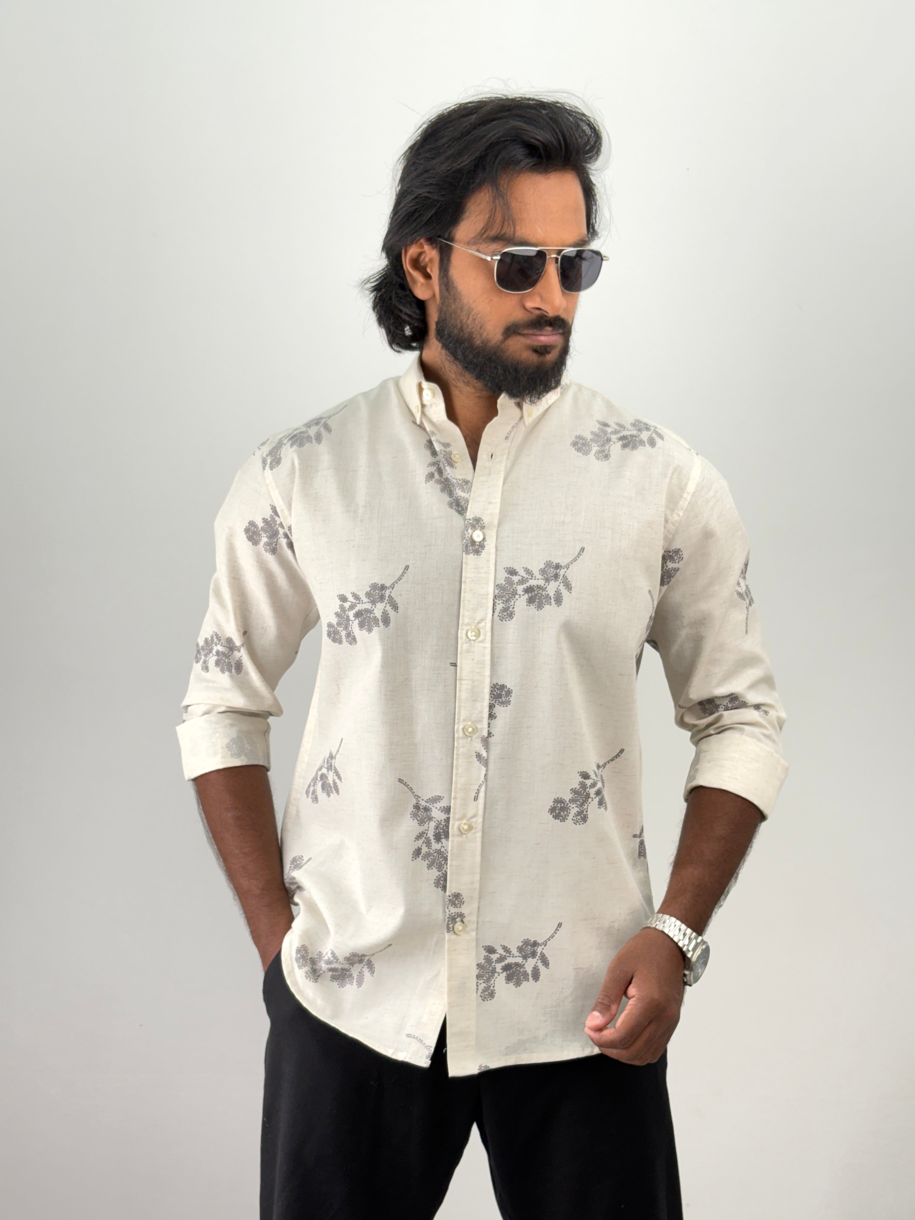 Beige Grey Linen Printed Shirt