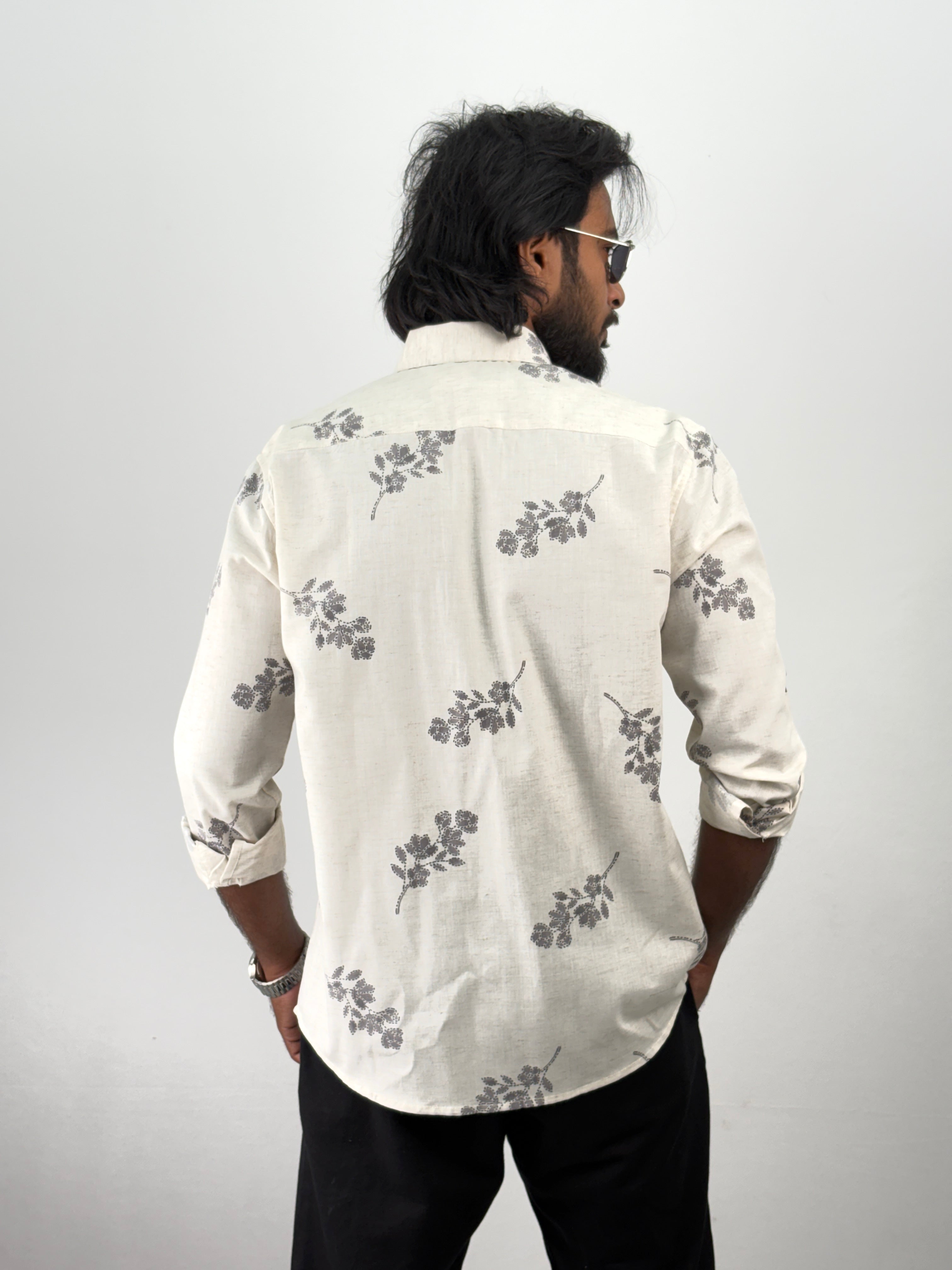 Beige Grey Linen Printed Shirt