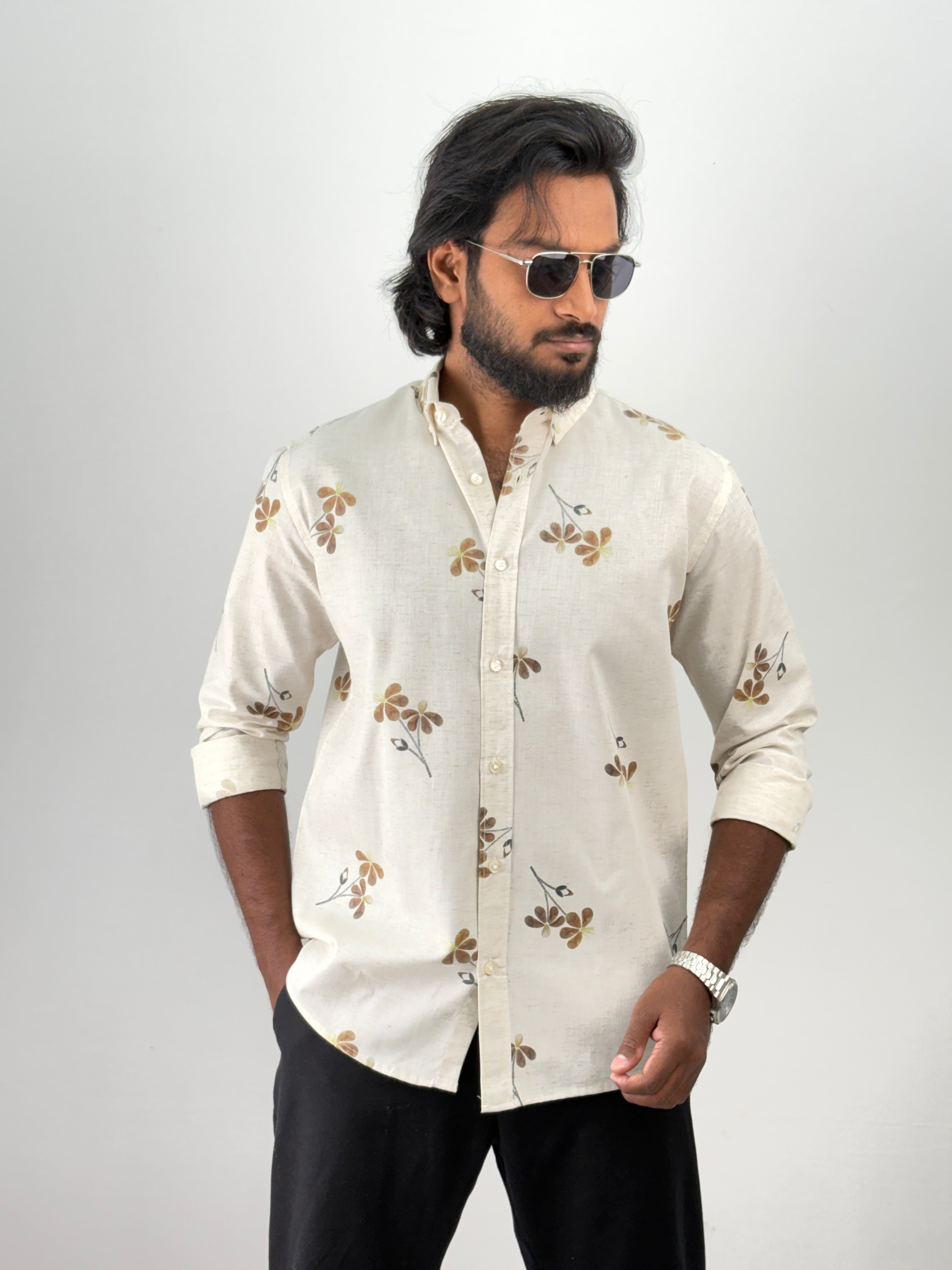 Beige Mustard Linen Printed Shirt