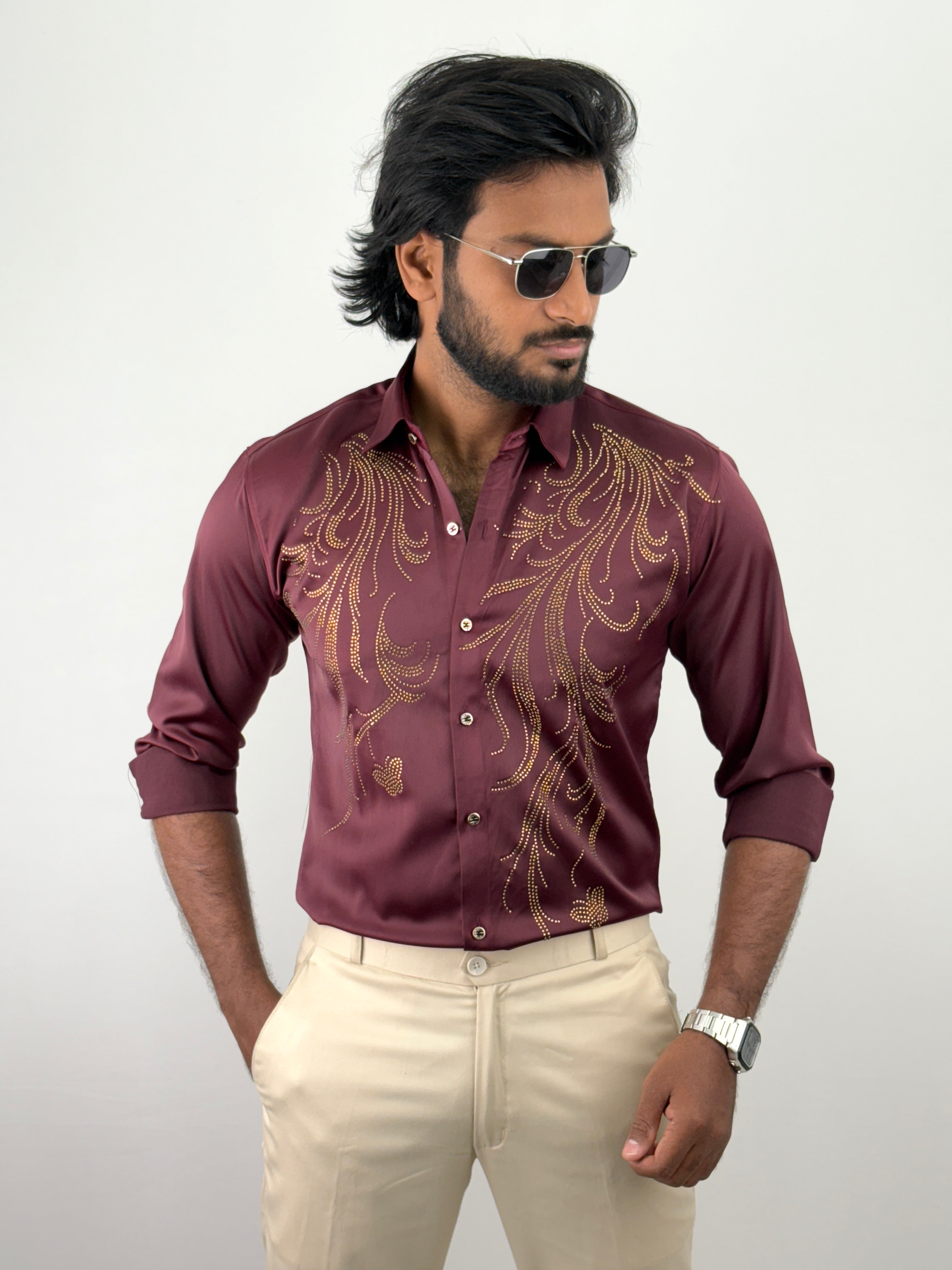 Maroon Designer Stone Work Shirt 3