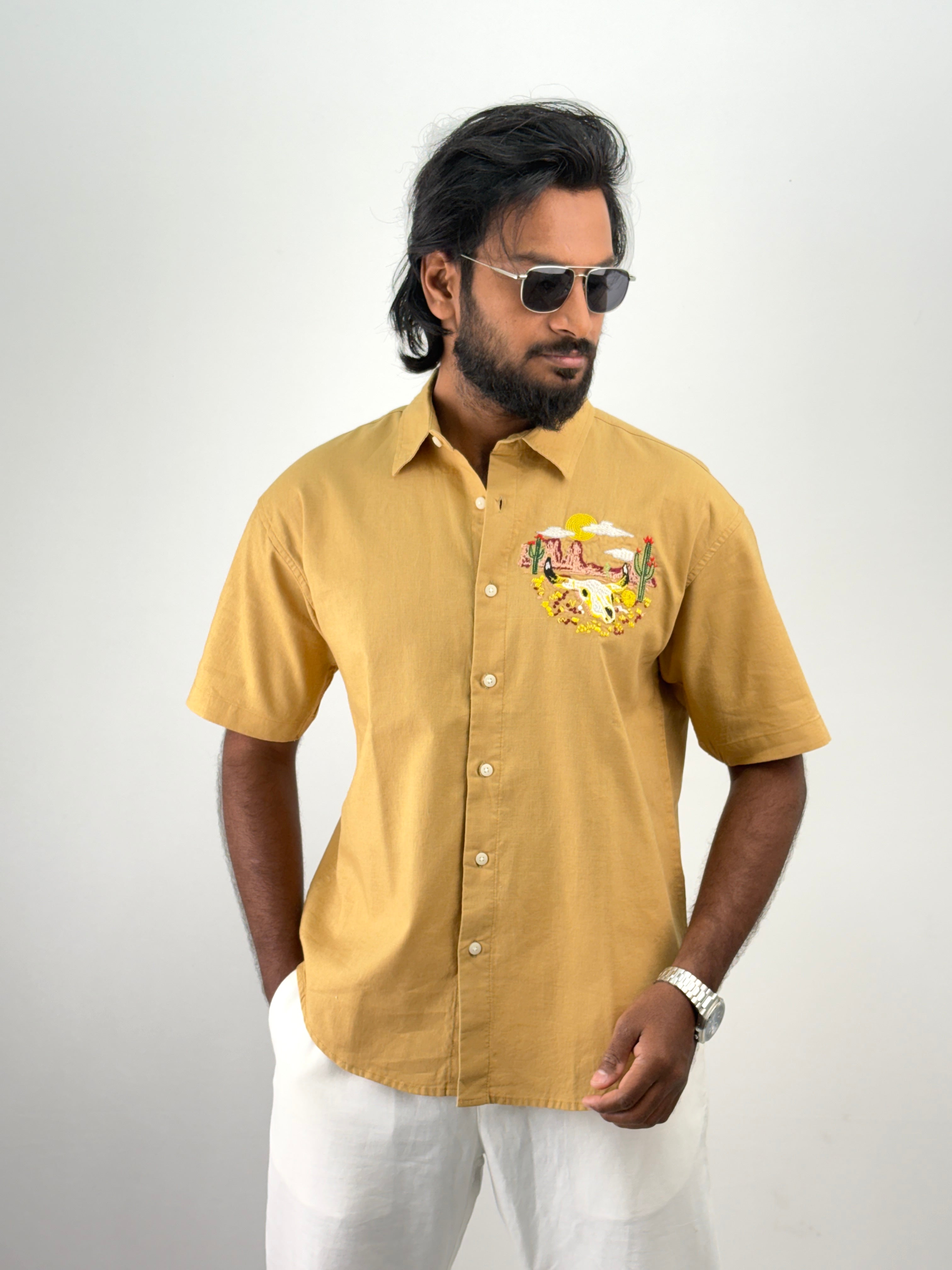 Mustard Half Sleeve Embroidery Shirt