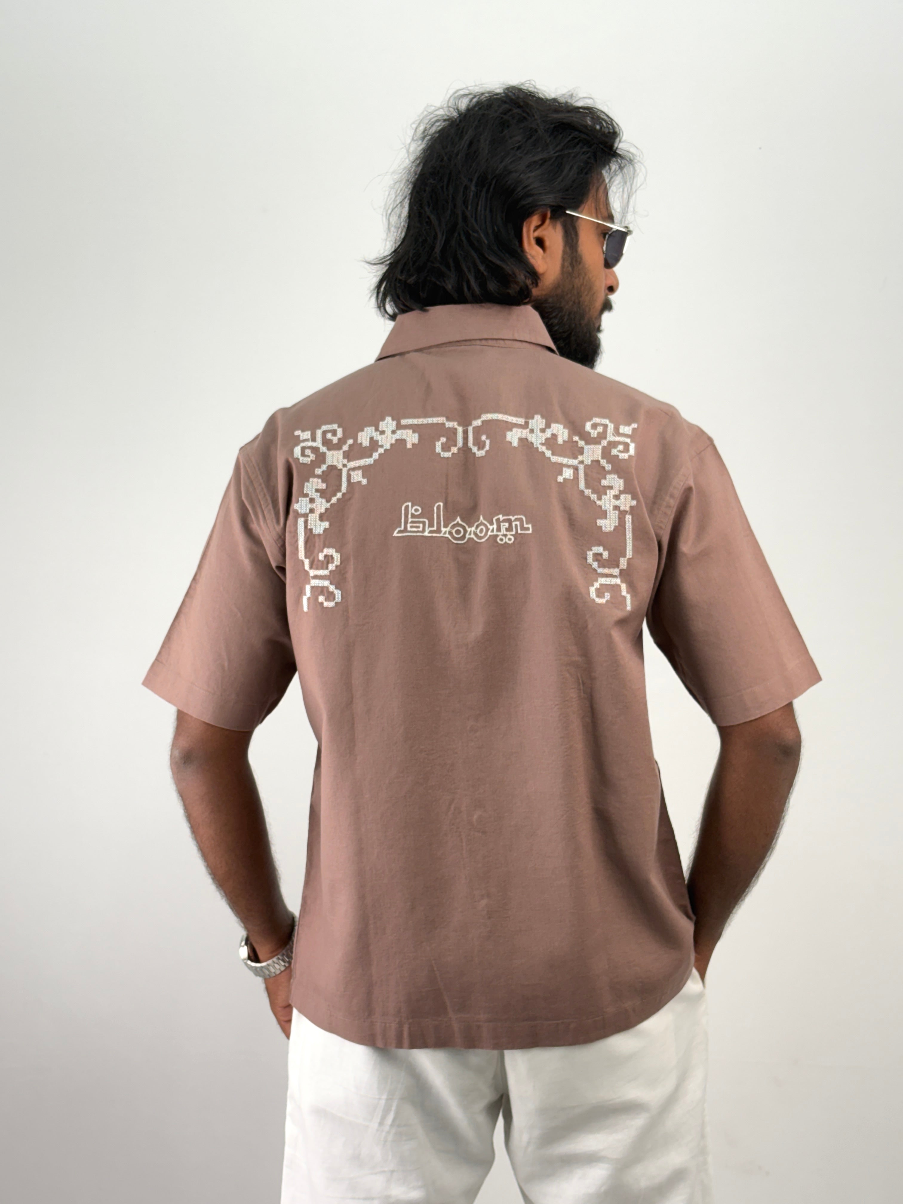 Brown Half Sleeve Embroidery Shirt