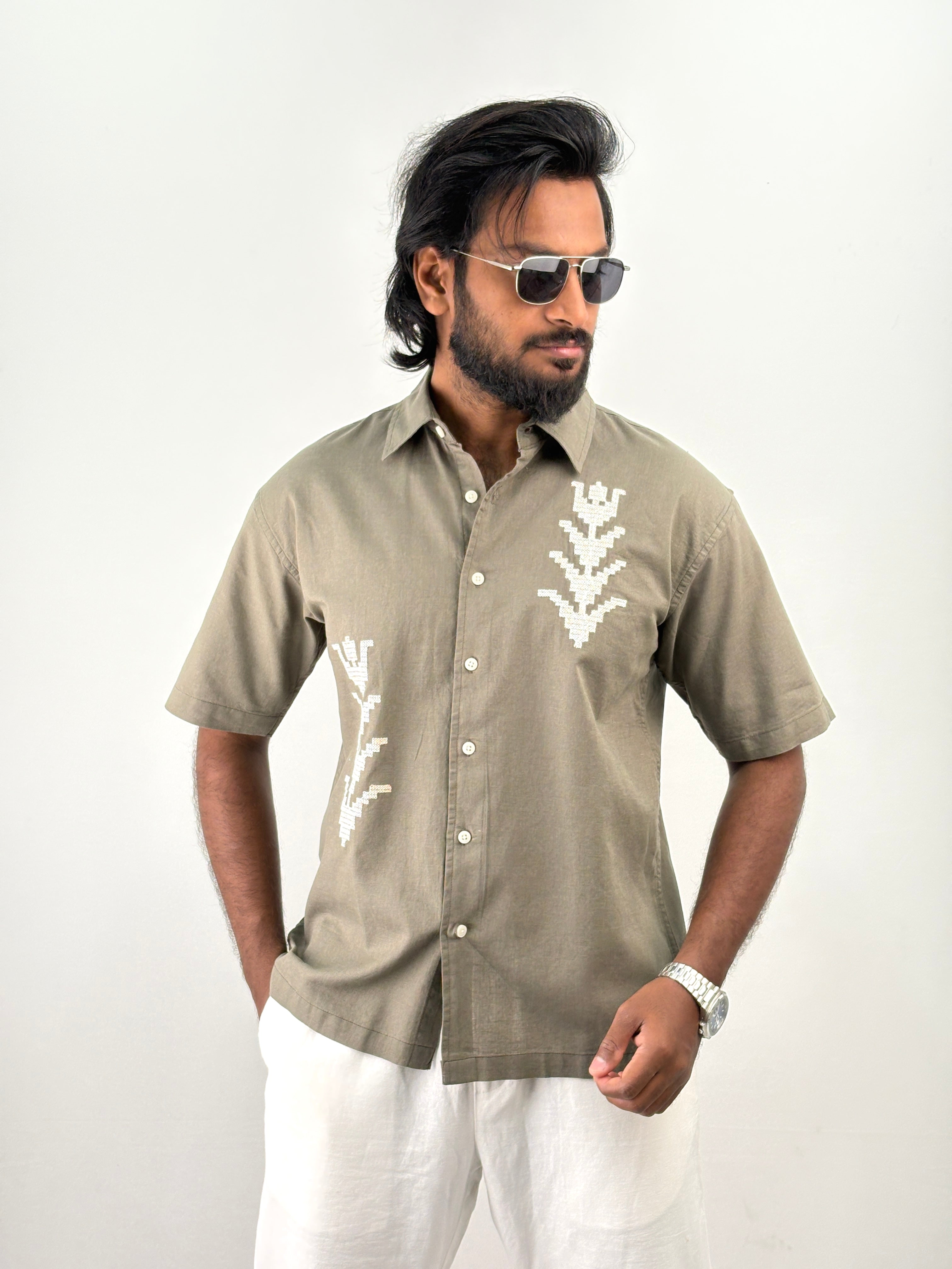 Olive White Half Sleeve Embroidery Shirt