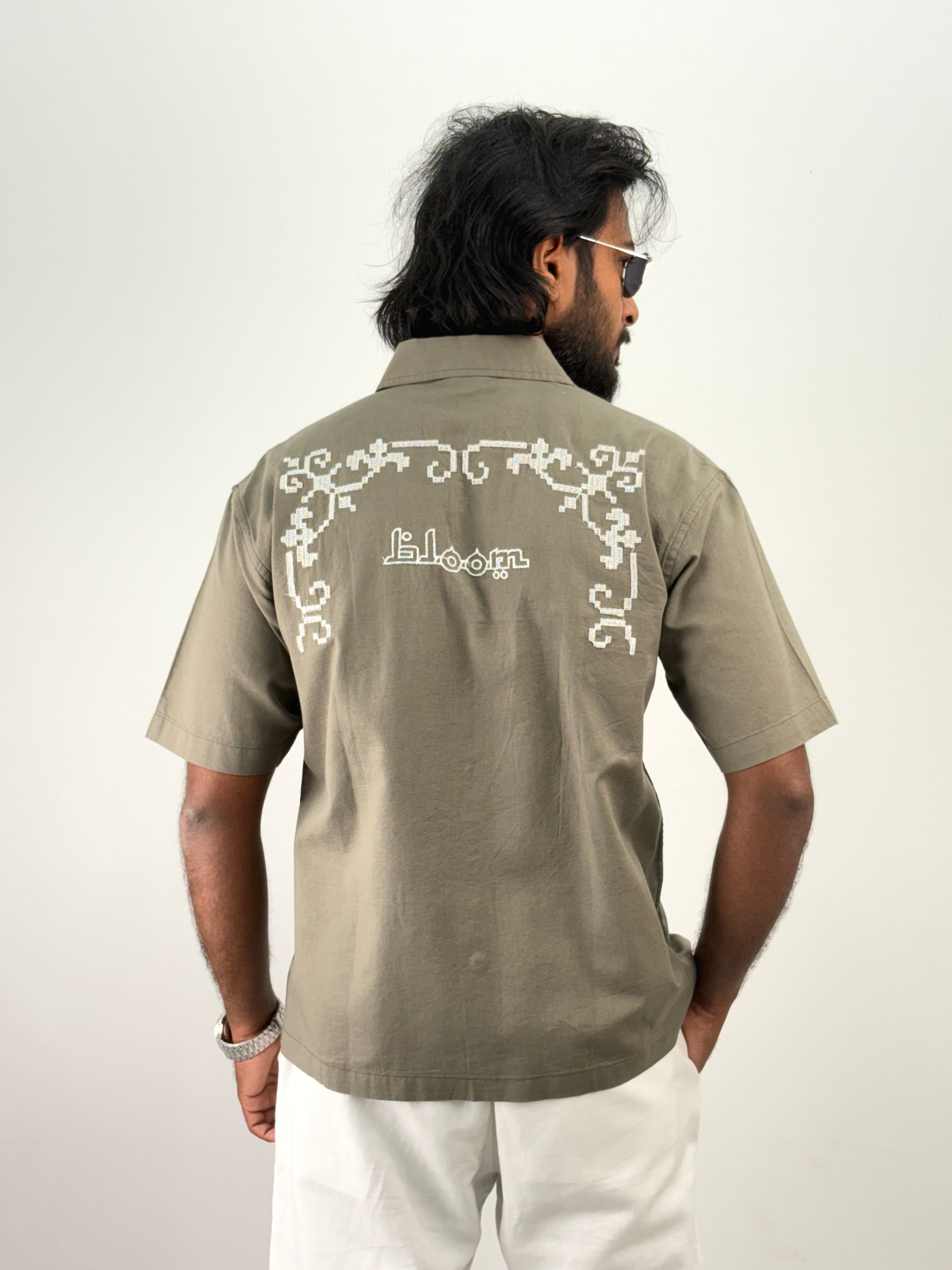 Olive White Half Sleeve Embroidery Shirt