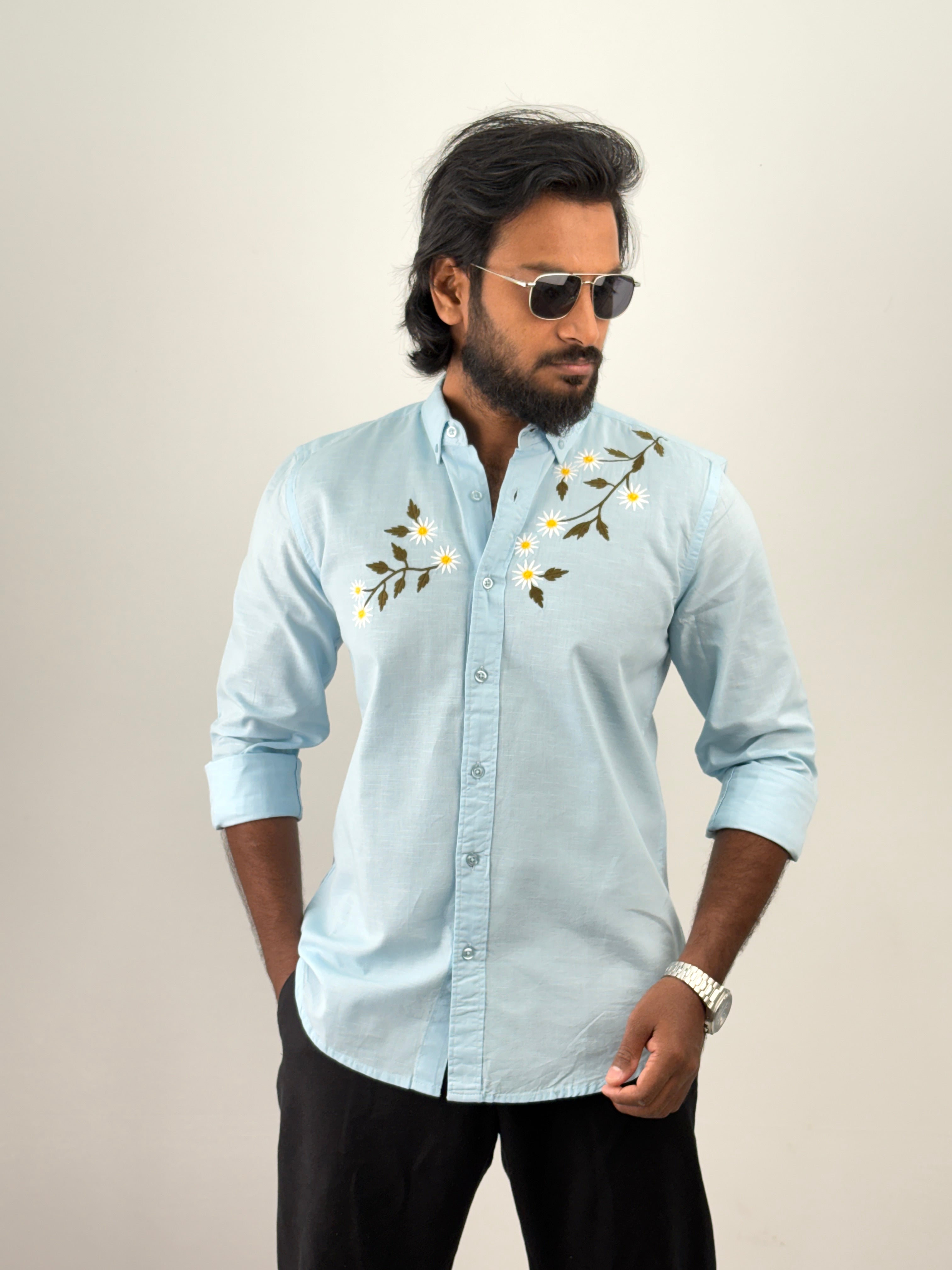 Ice Blue Linen Embroidery Shirt