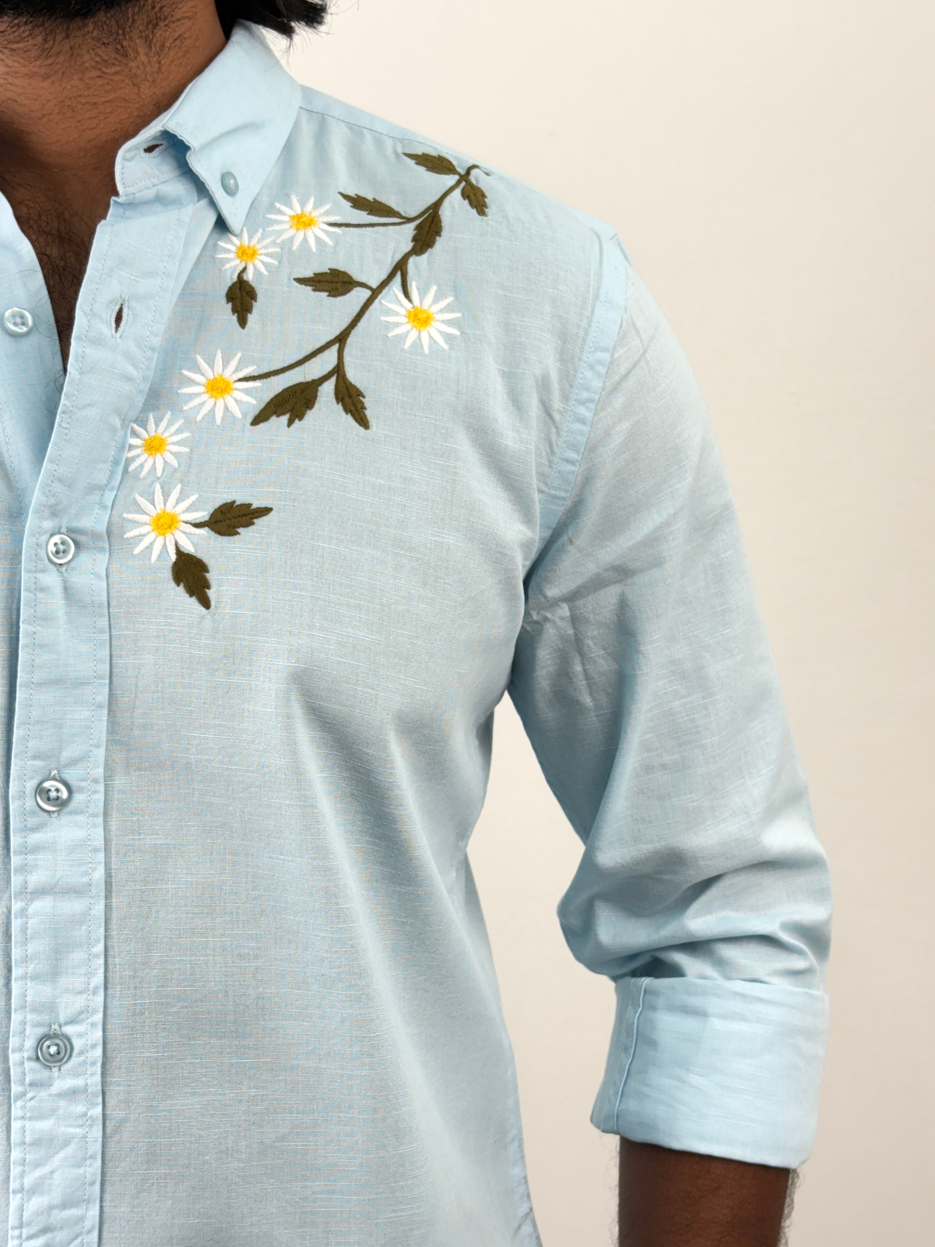 Ice Blue Linen Embroidery Shirt