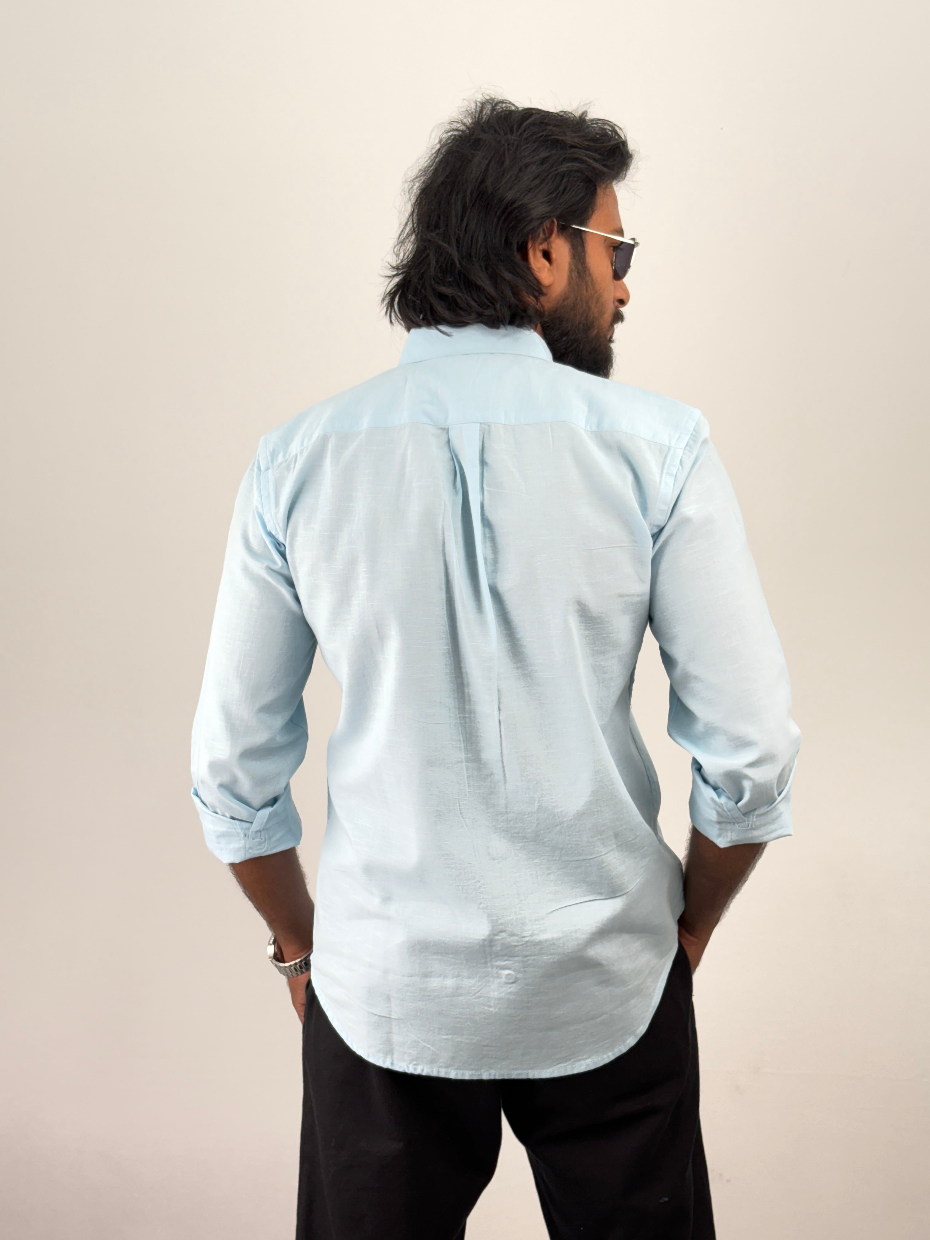 Ice Blue Linen Embroidery Shirt