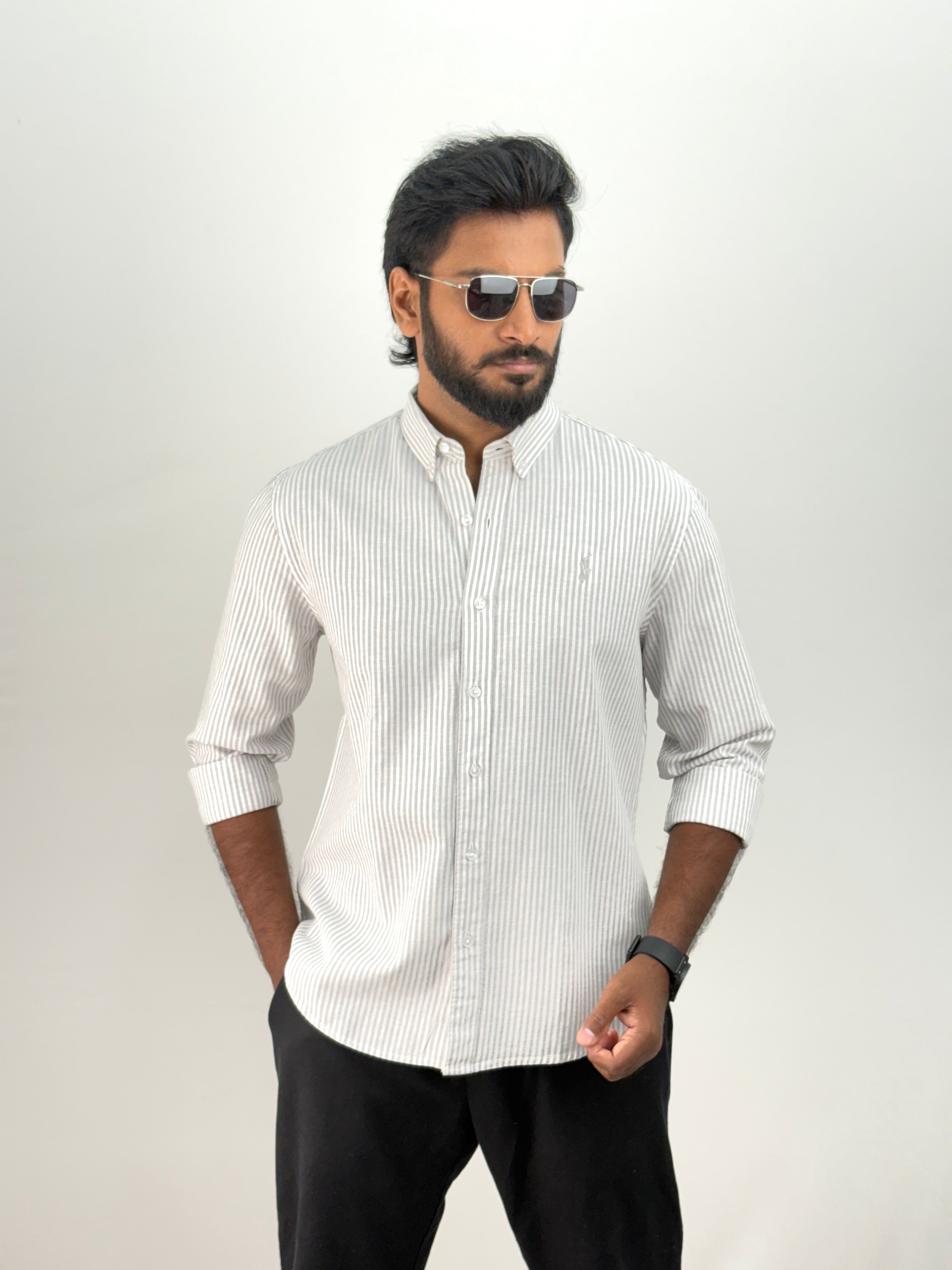Grey Old Money Linen Stripe Shirt 1