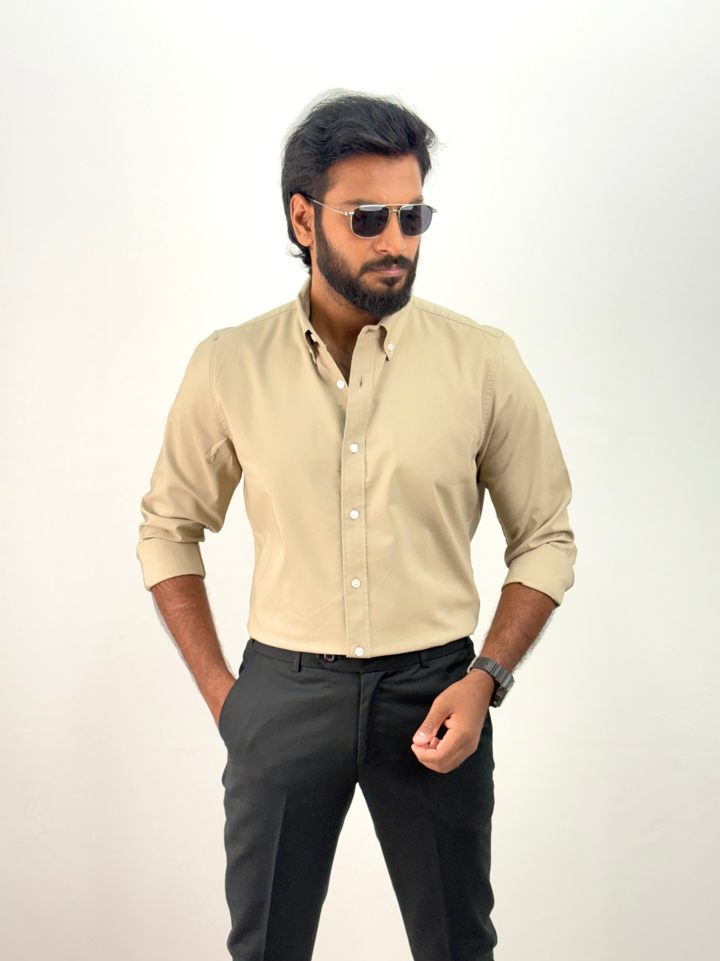 Beige Plain Oxford Shirt