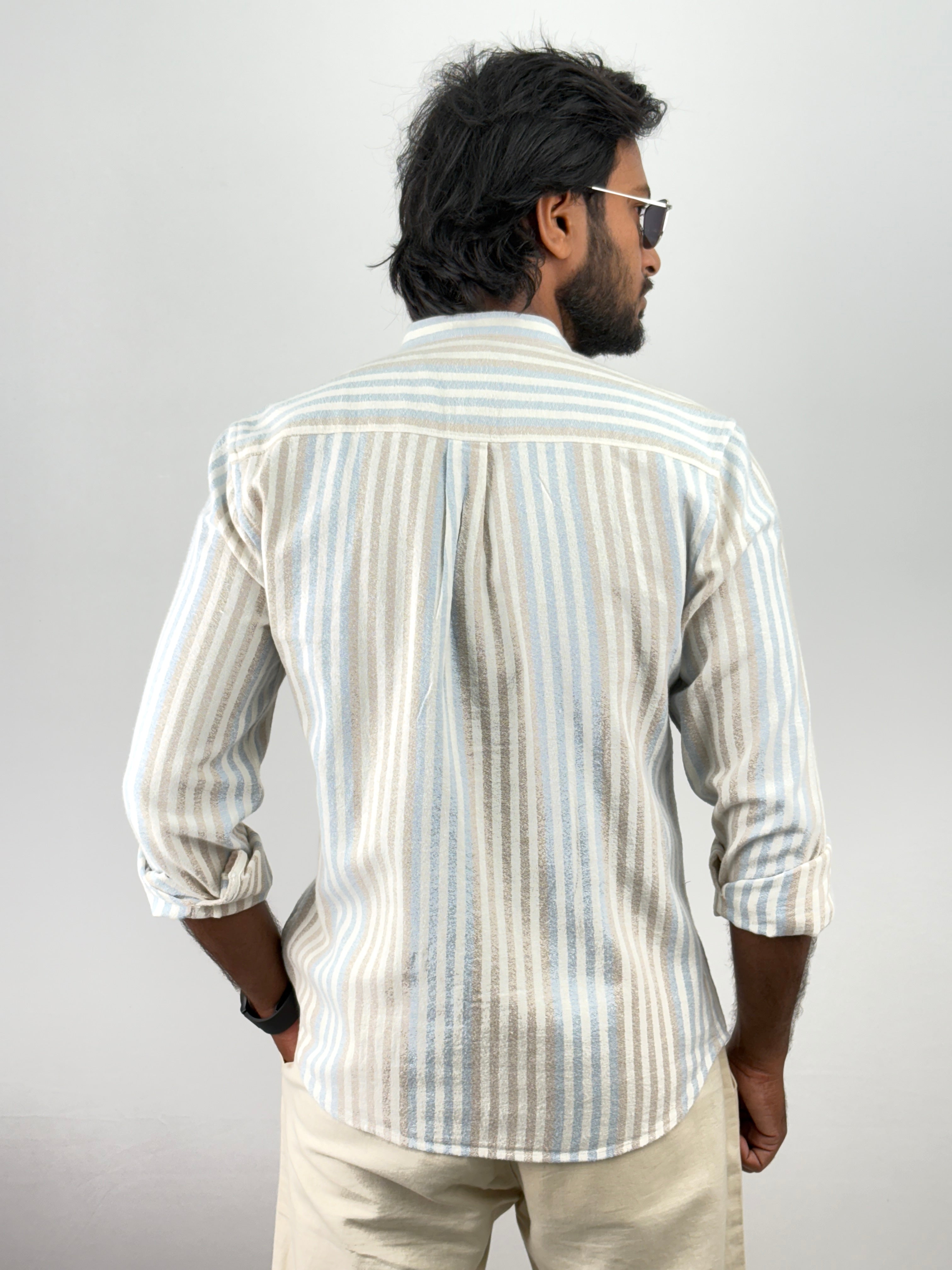 Blue Mandarin Collar Stripe Shirt