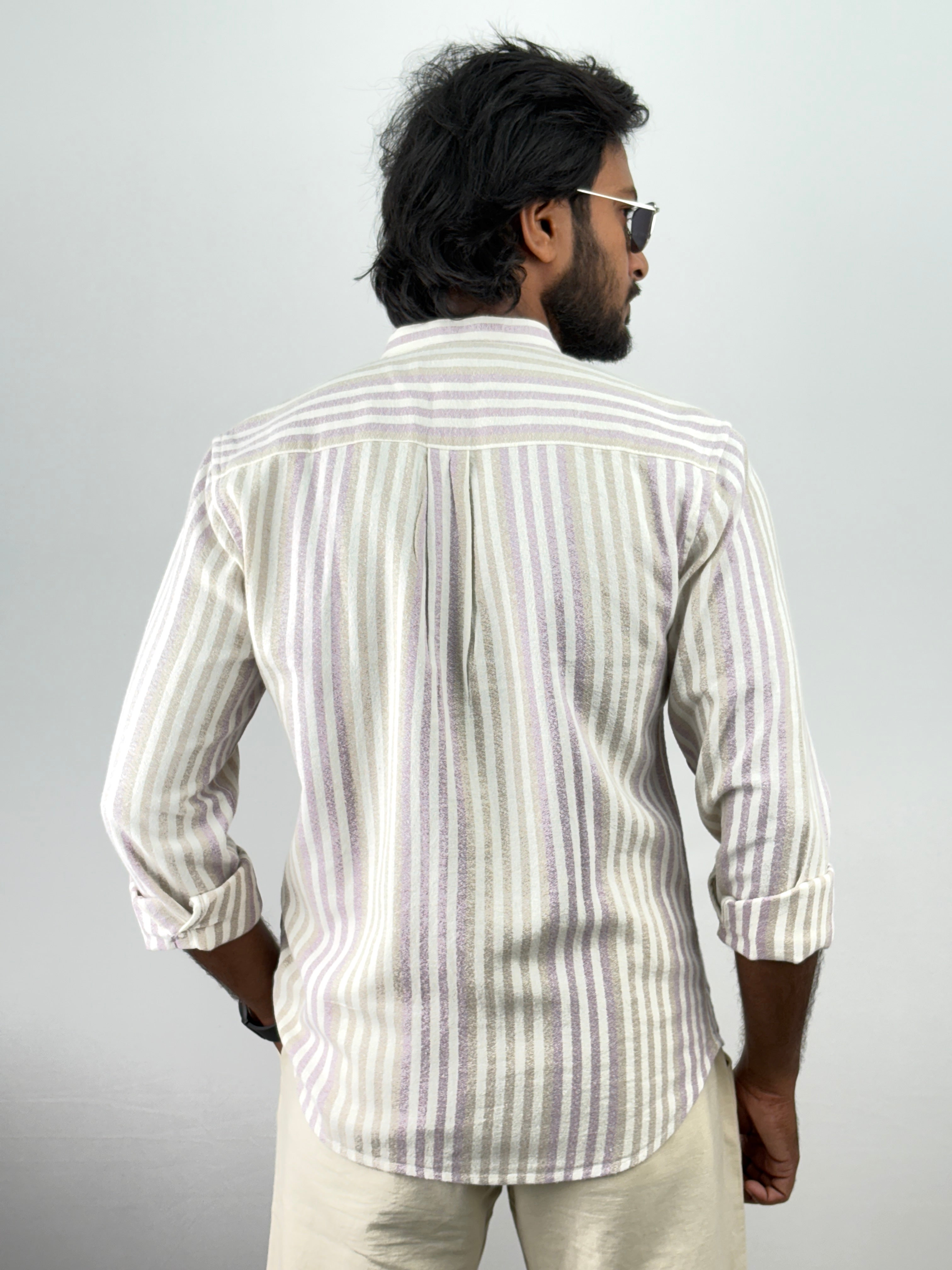 Purple Mandarin Collar Stripe Shirt