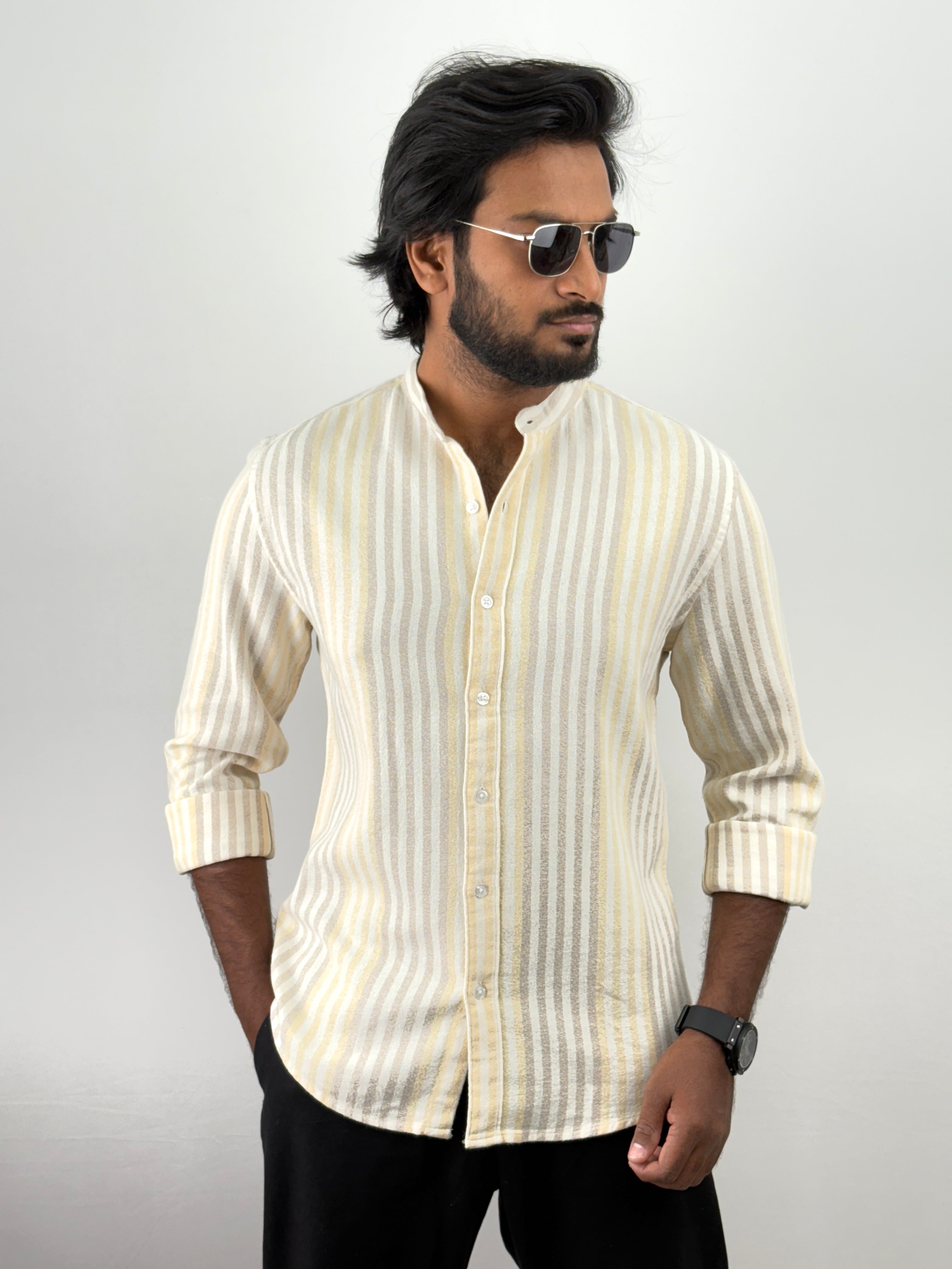 Yellow Mandarin Collar Stripe Shirt