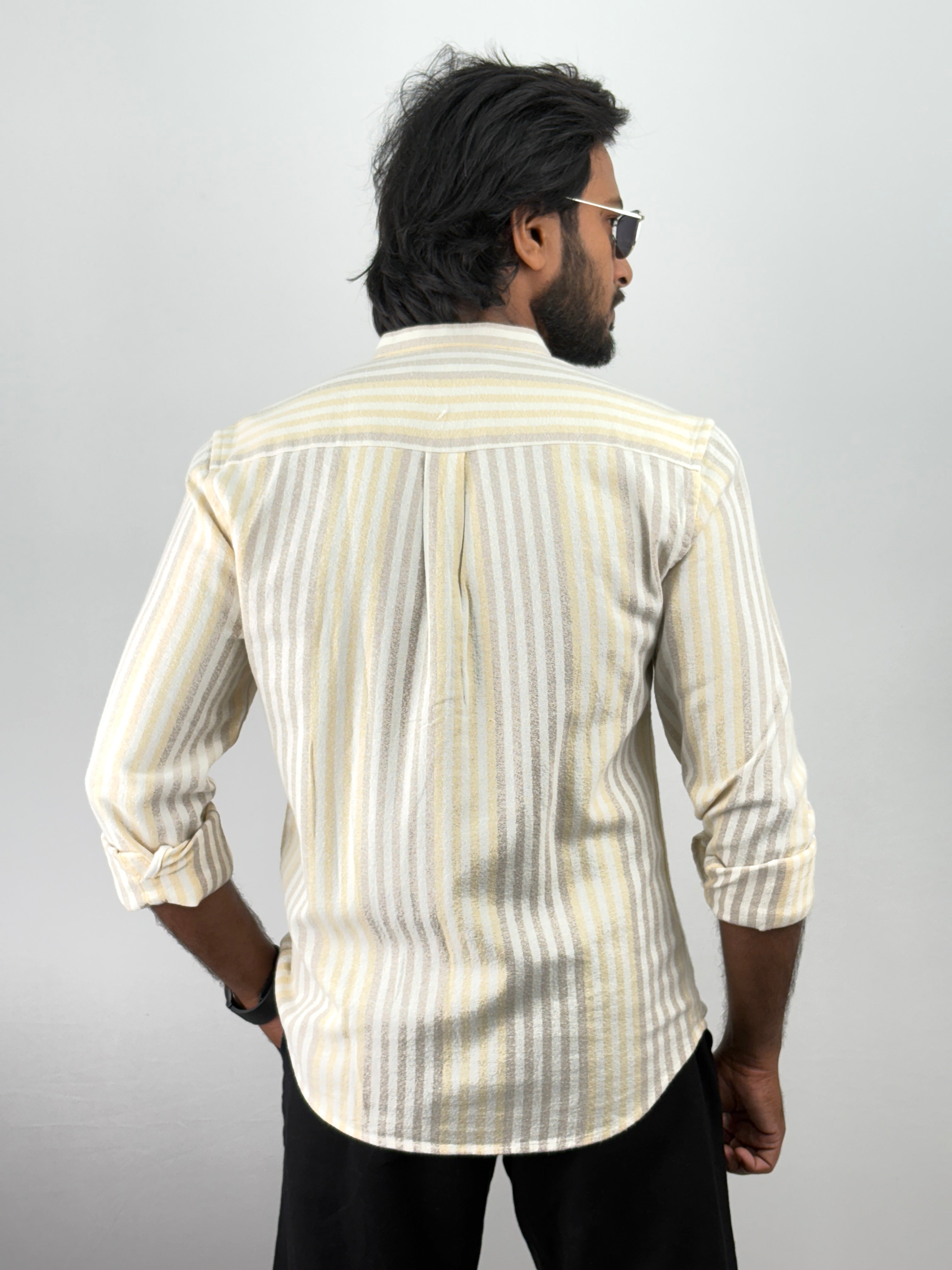 Yellow Mandarin Collar Stripe Shirt
