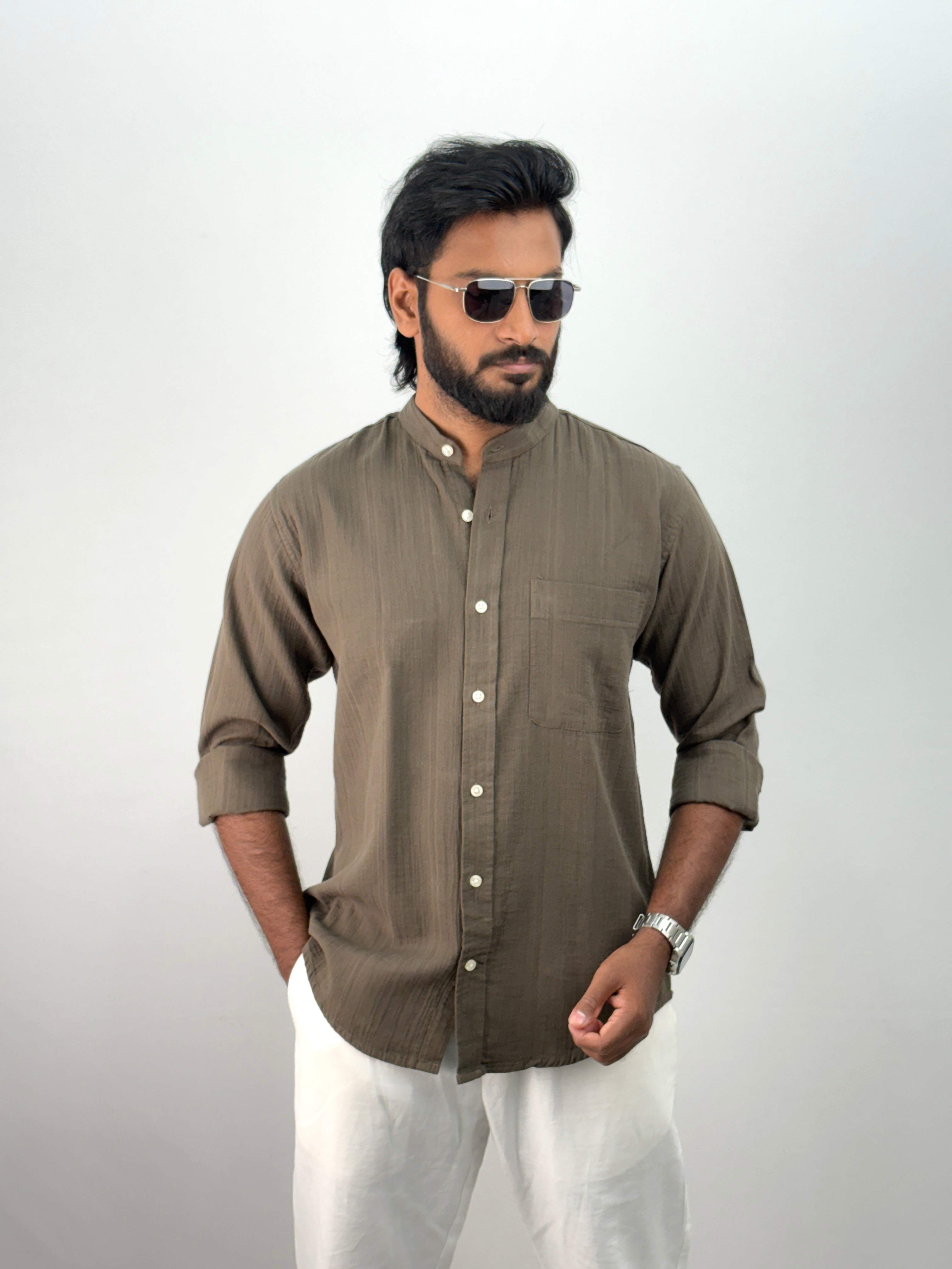 Olive Mandarin Collar Shirt