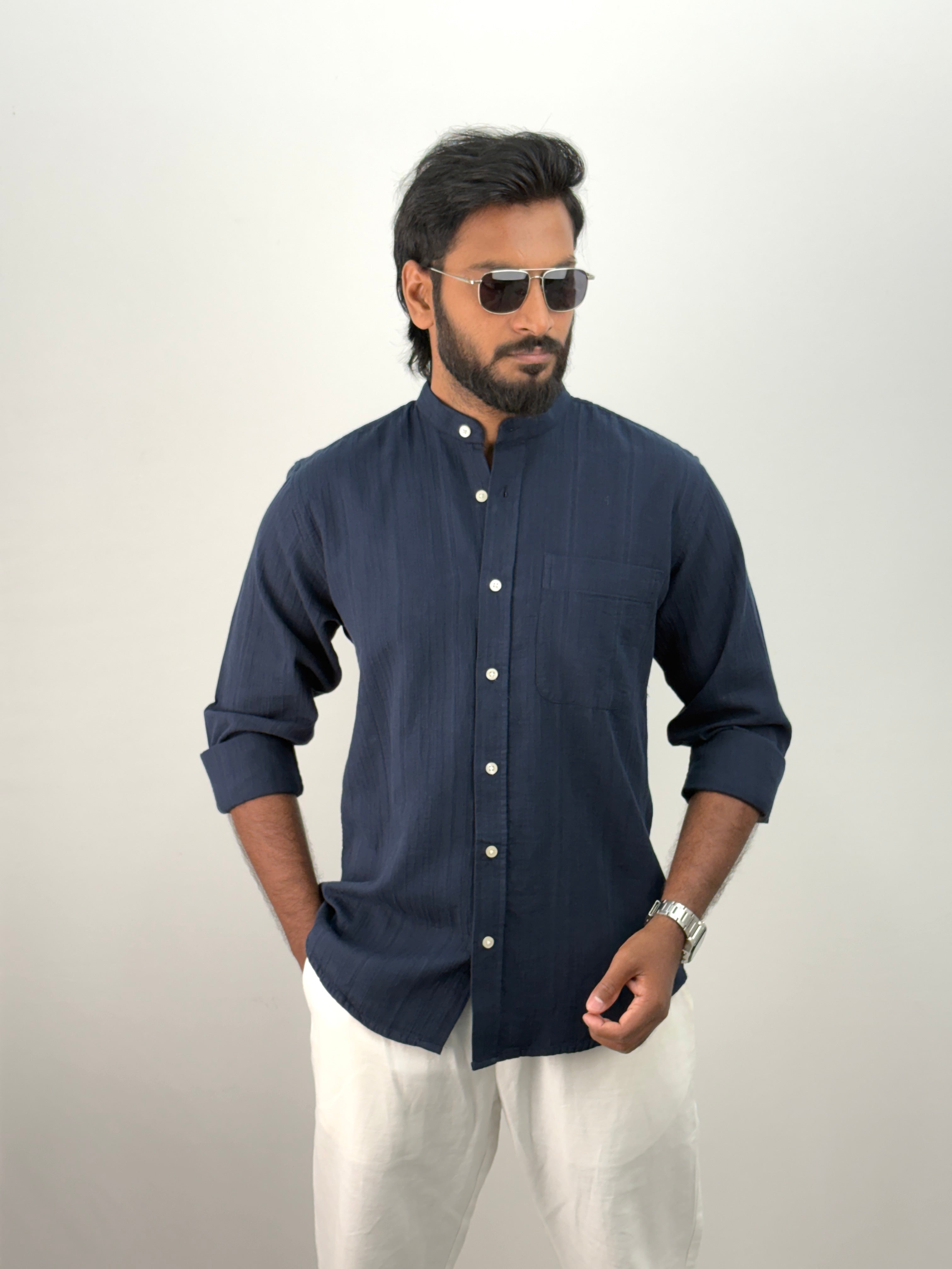 Navy Mandarin Collar Shirt