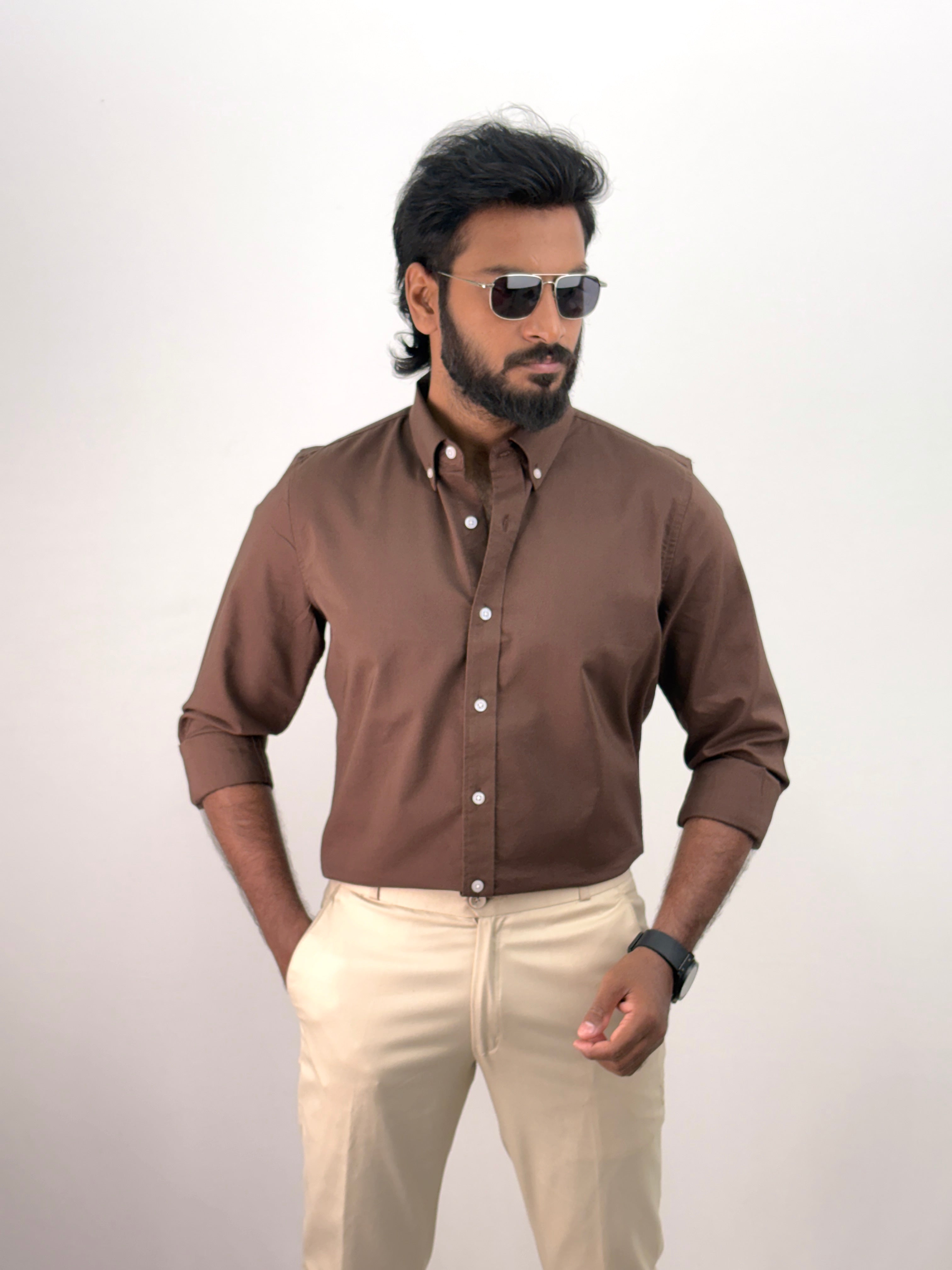 Dark Brown Plain Oxford Shirt