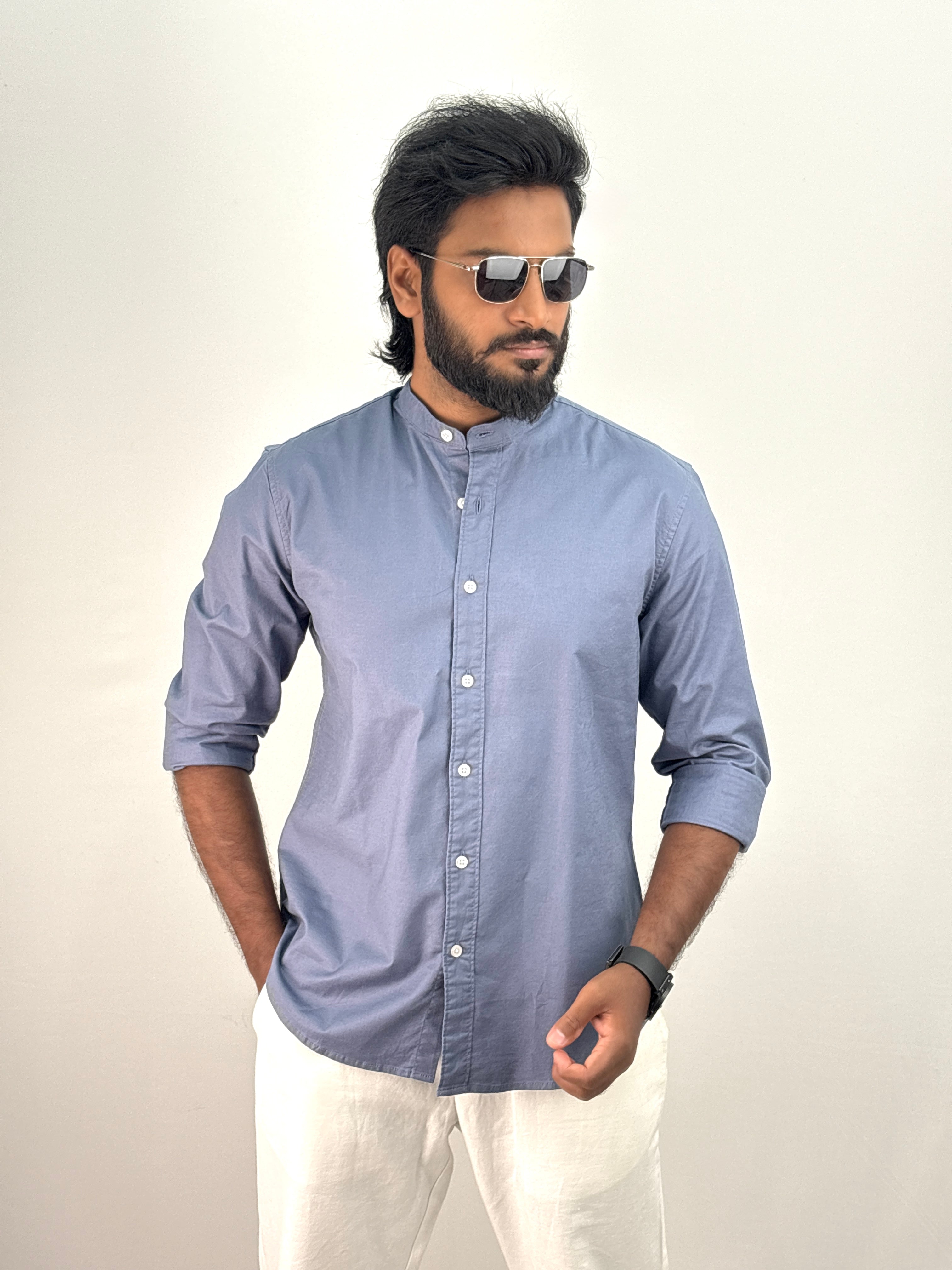 Blue Mandarin Collar Shirt