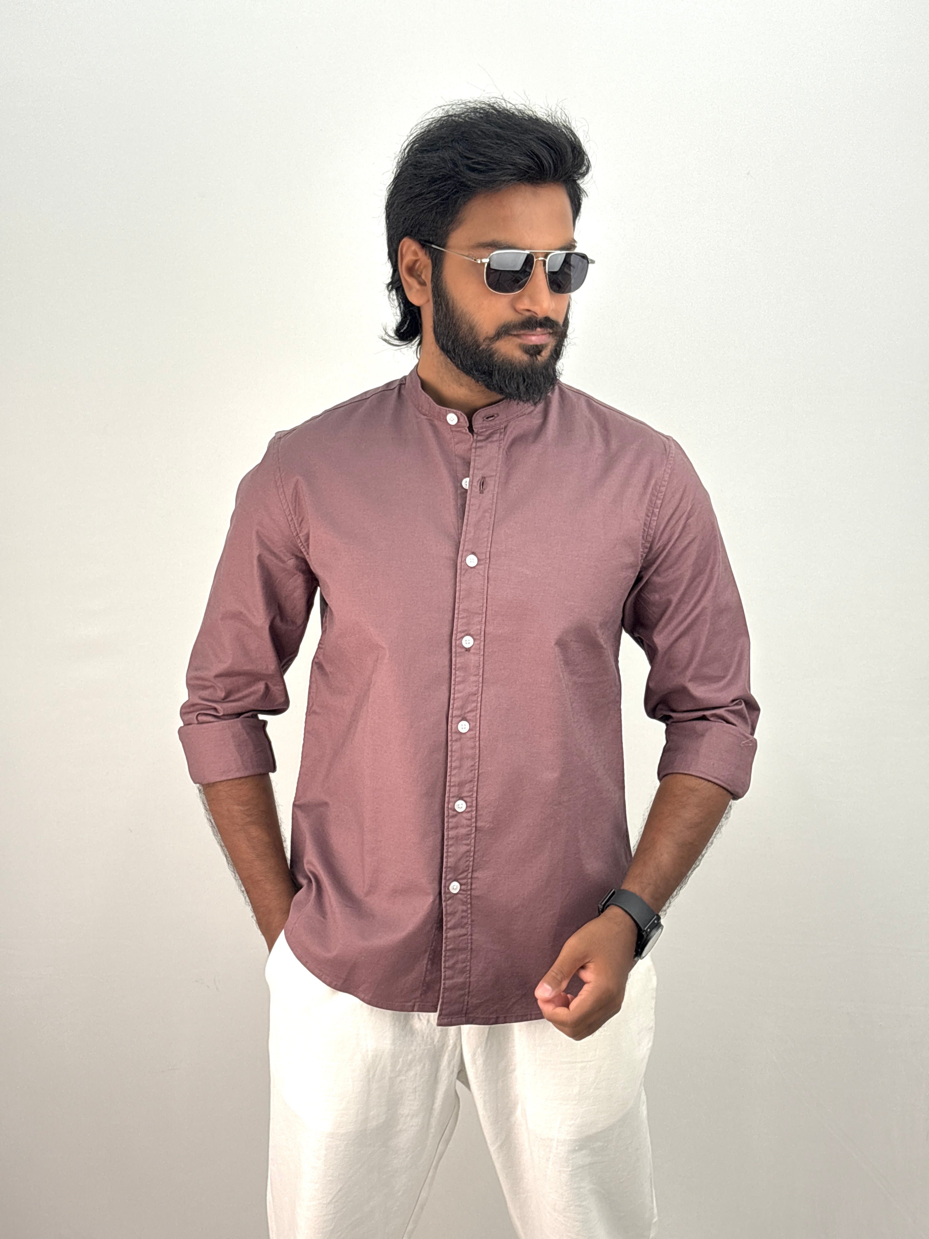 Burgundy Mandarin Collar Shirt