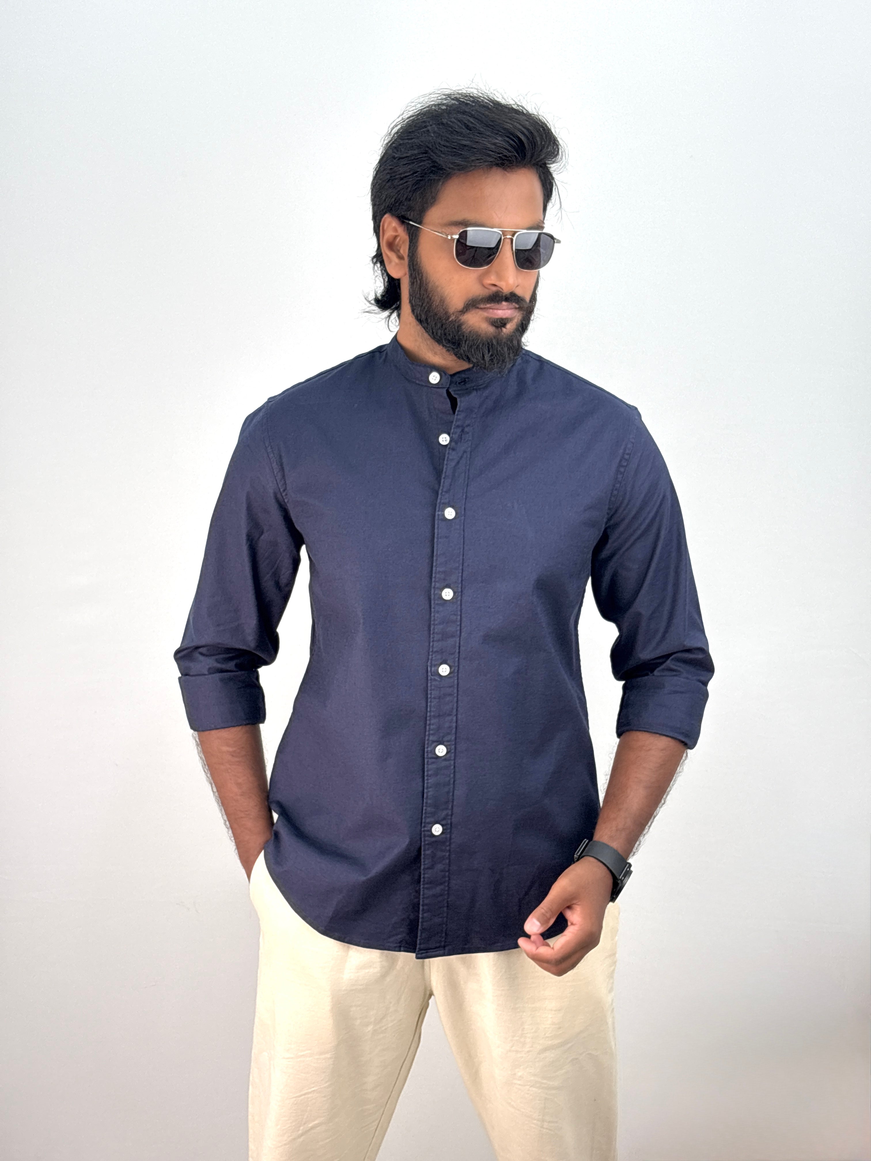 Navy Mandarin Collar Shirt