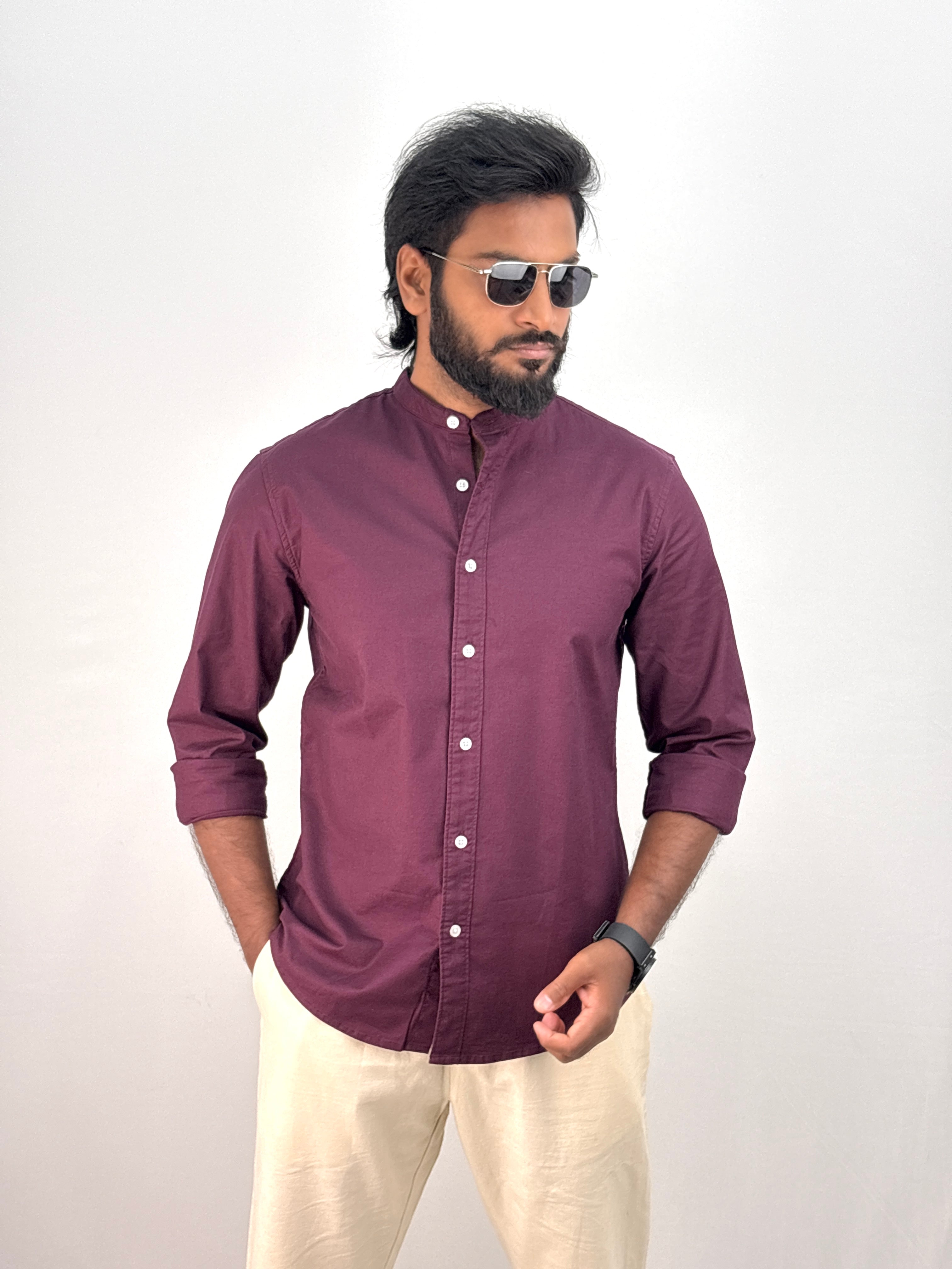 Wine Mandarin Collar Shirt