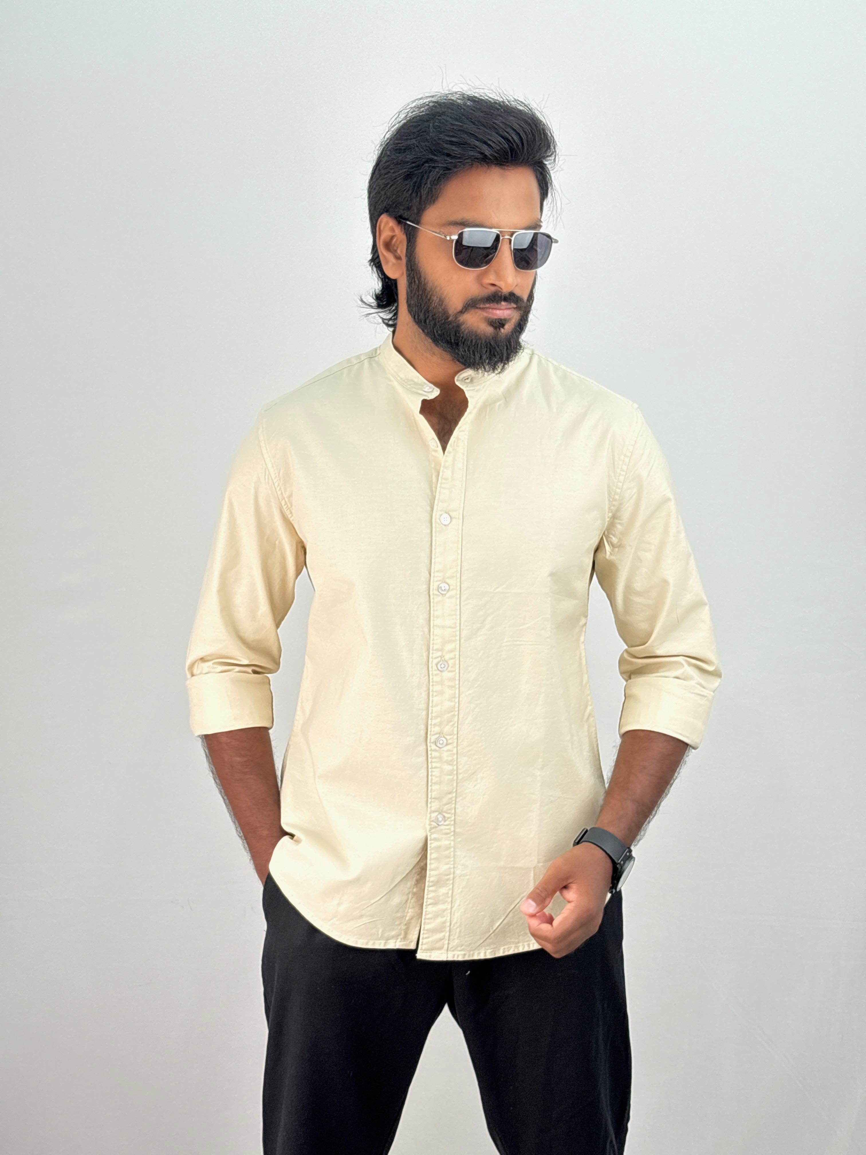 Beige Mandarin Collar Shirt