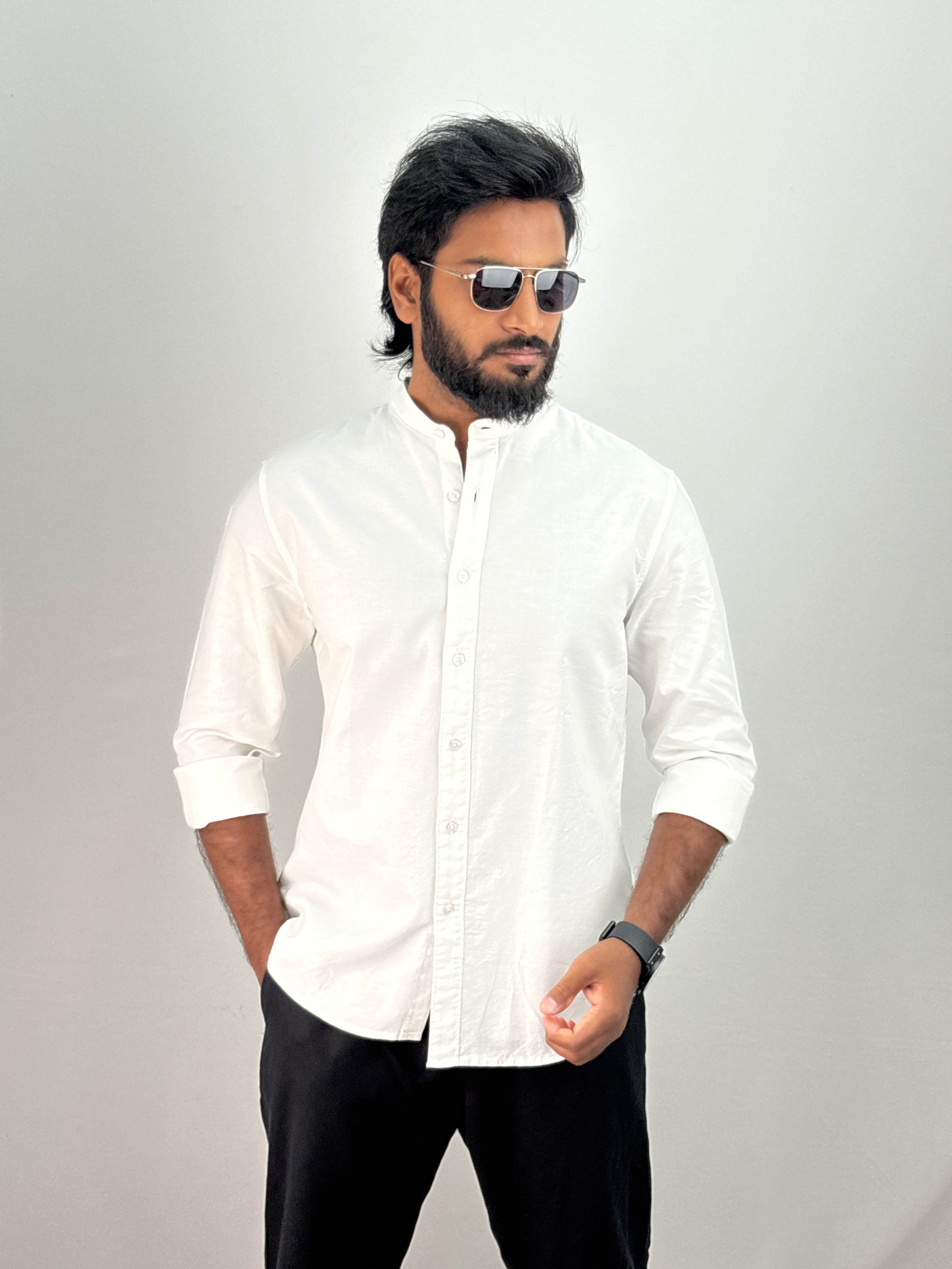 White Mandarin Collar Shirt
