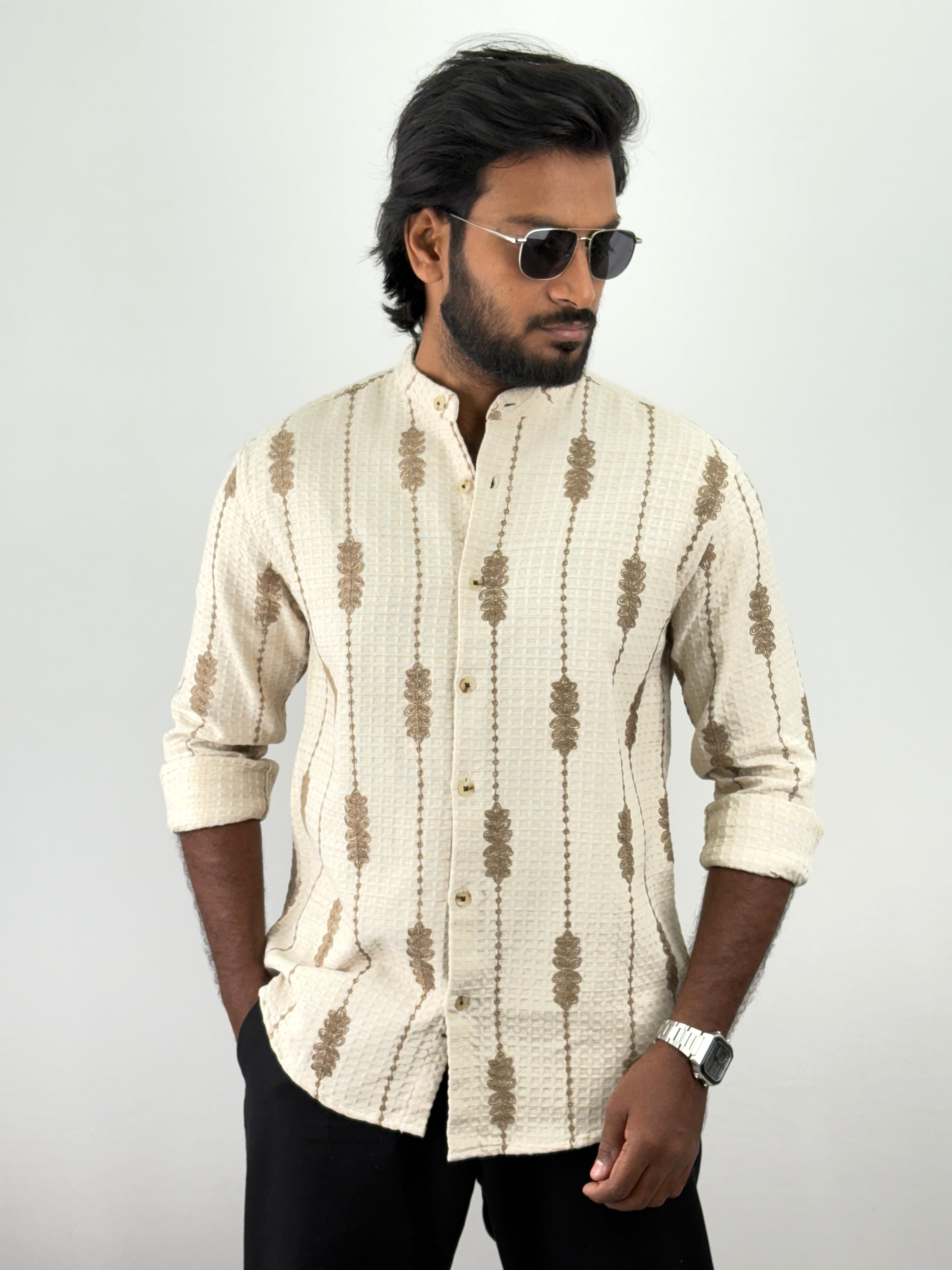 Cream Mandarin Collar Embroidery Shirt