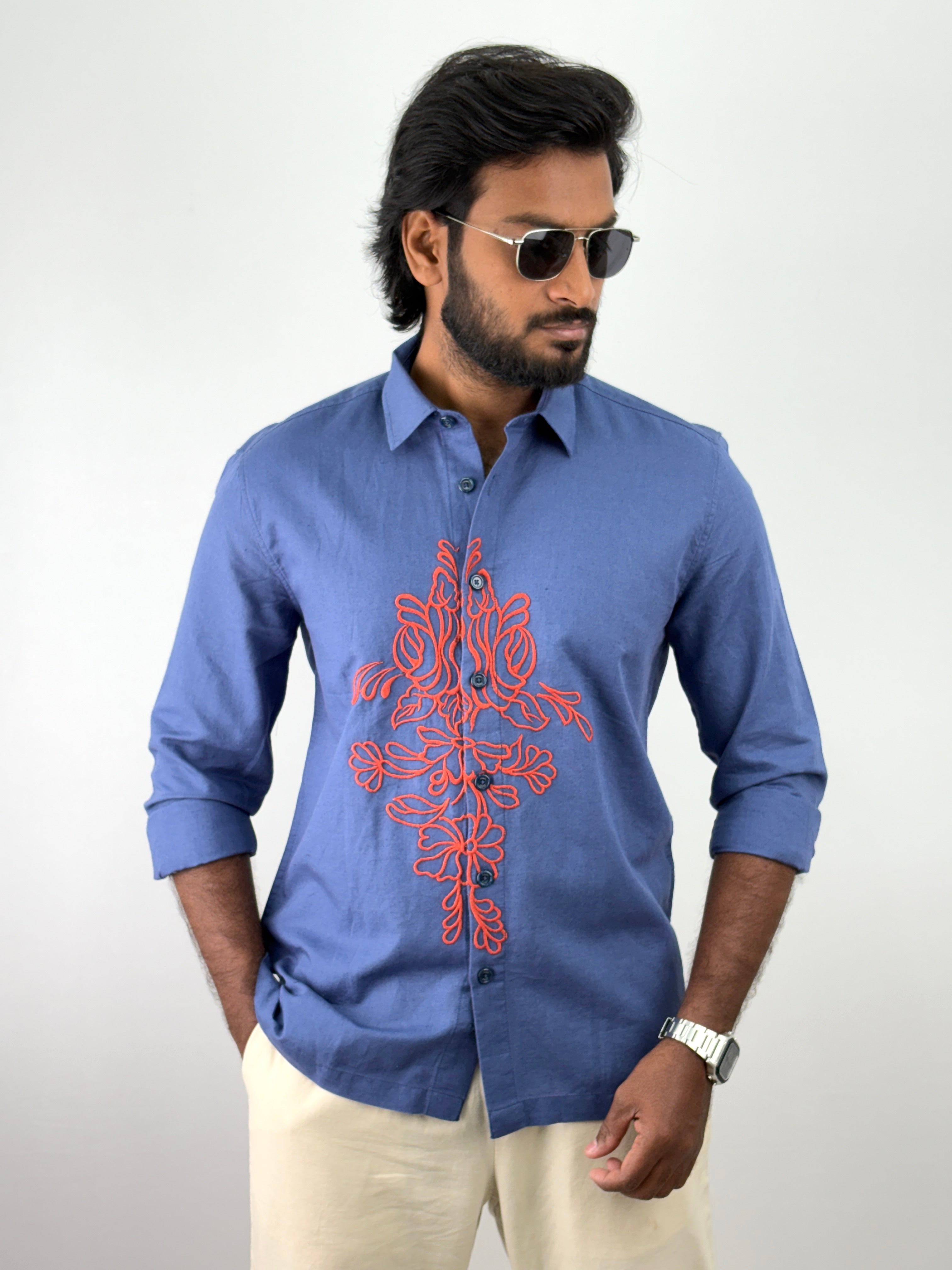 Blue Linen Embroidery Shirt