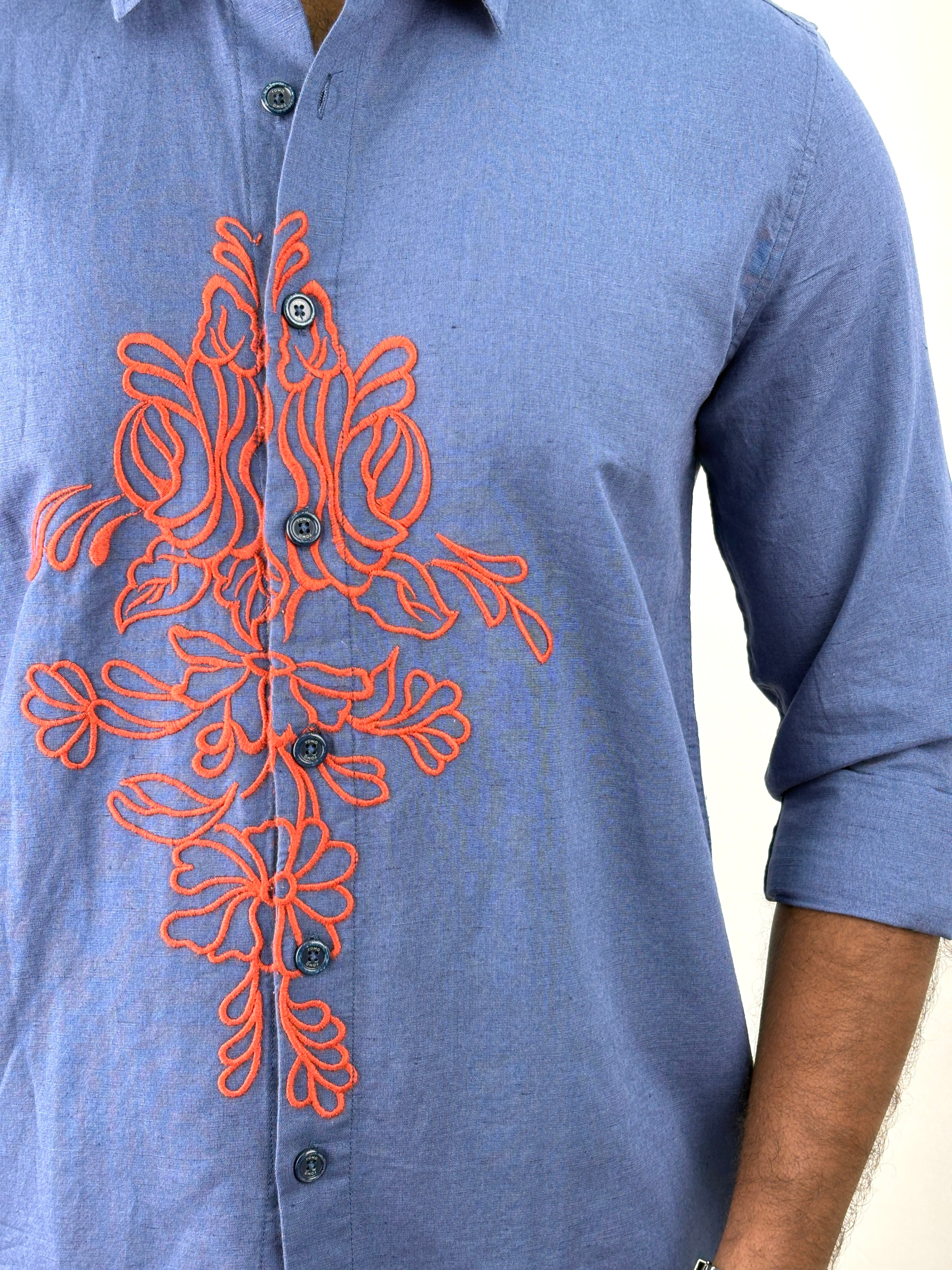 Blue Linen Embroidery Shirt