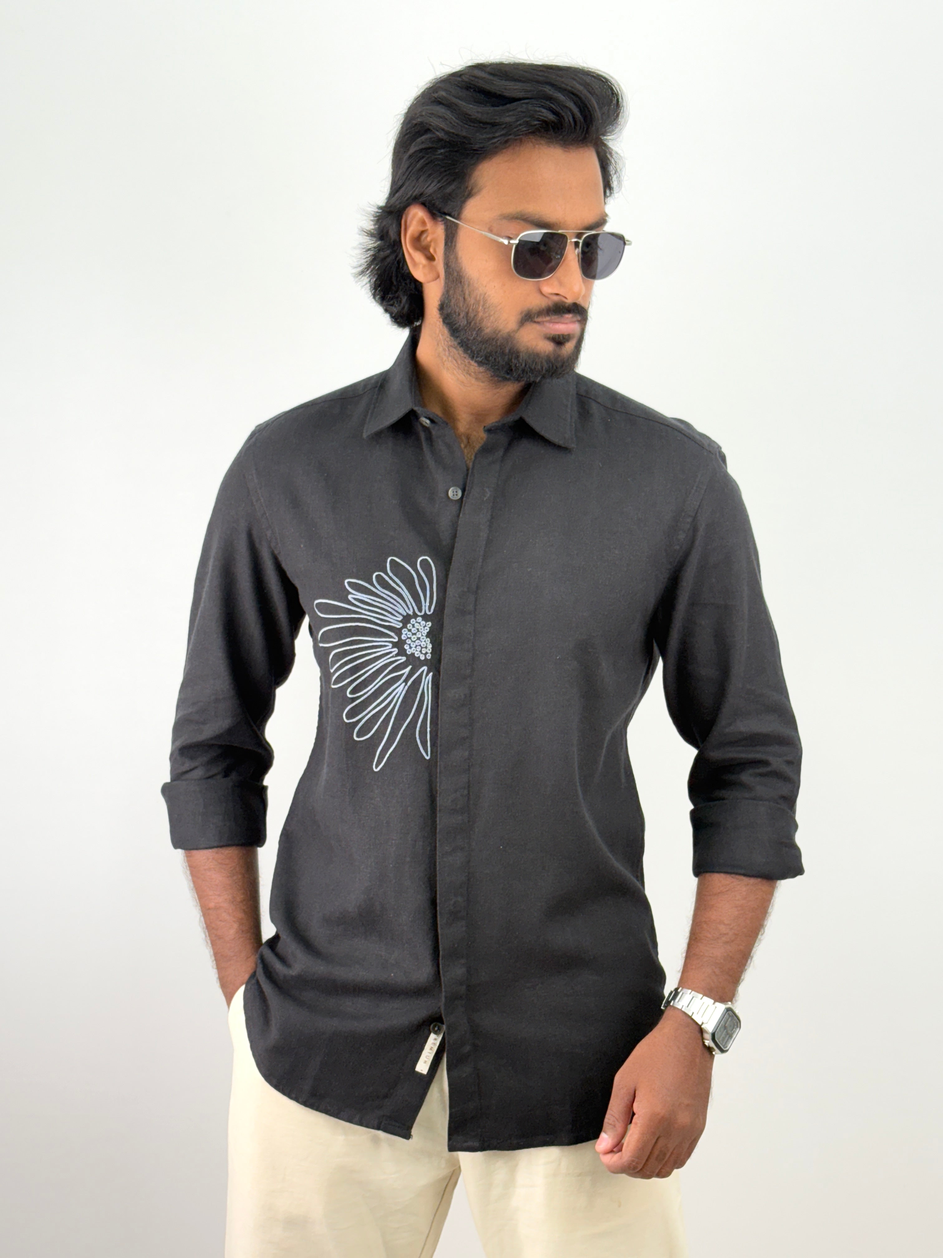 Black Linen Embroidery Shirt