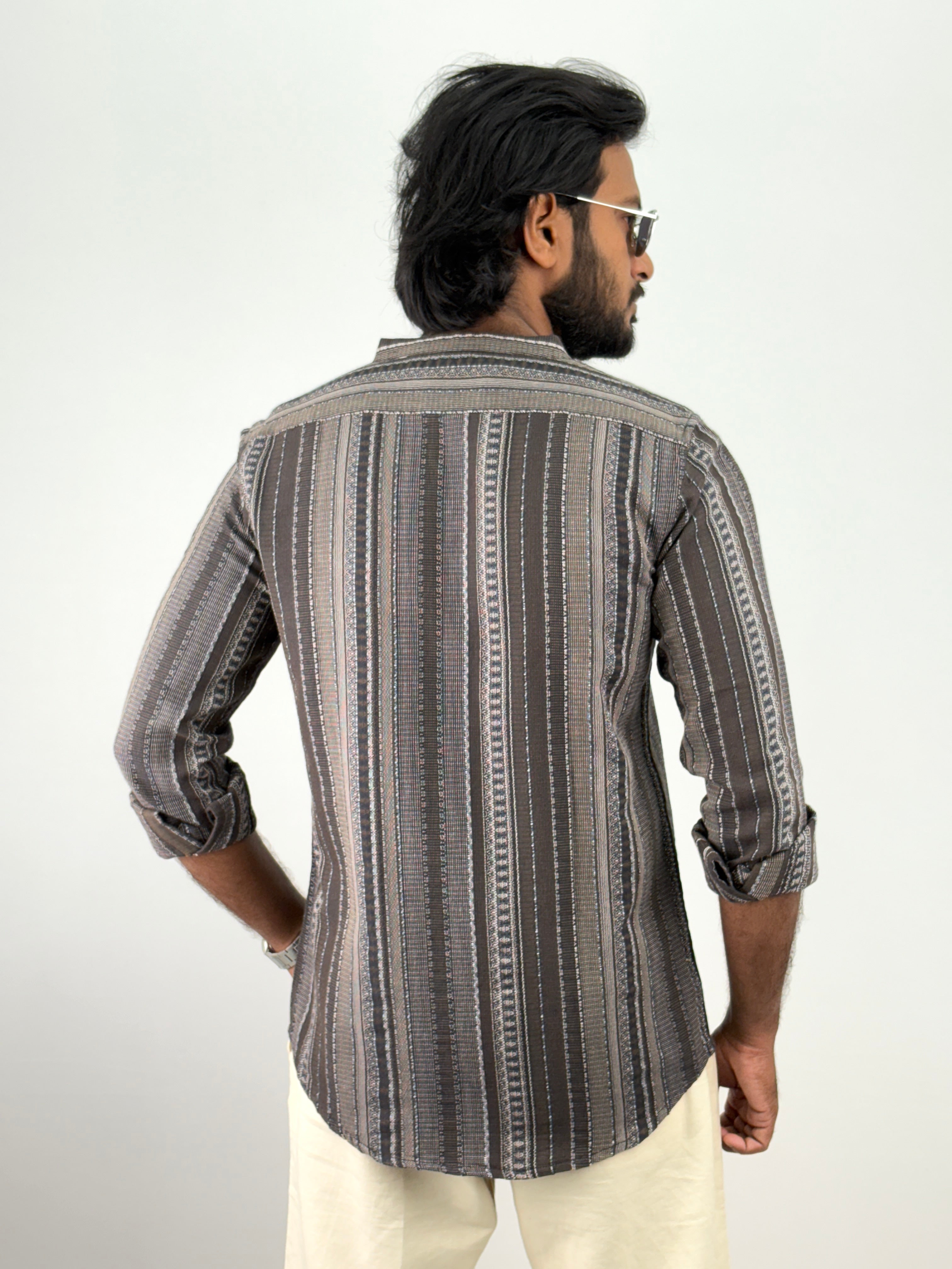 Brown Mandarin Collar Jacquard Shirt