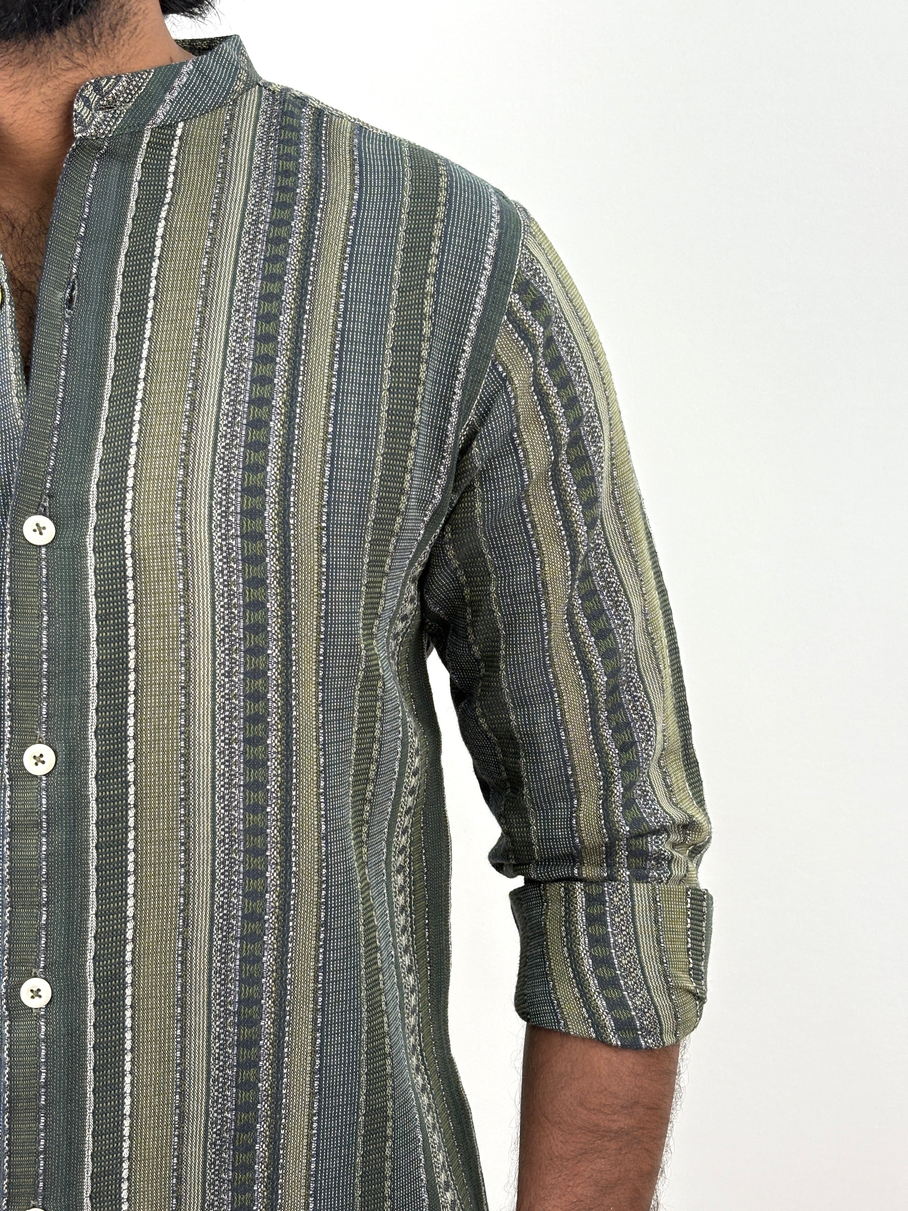 Green Mandarin Collar Jacquard Shirt