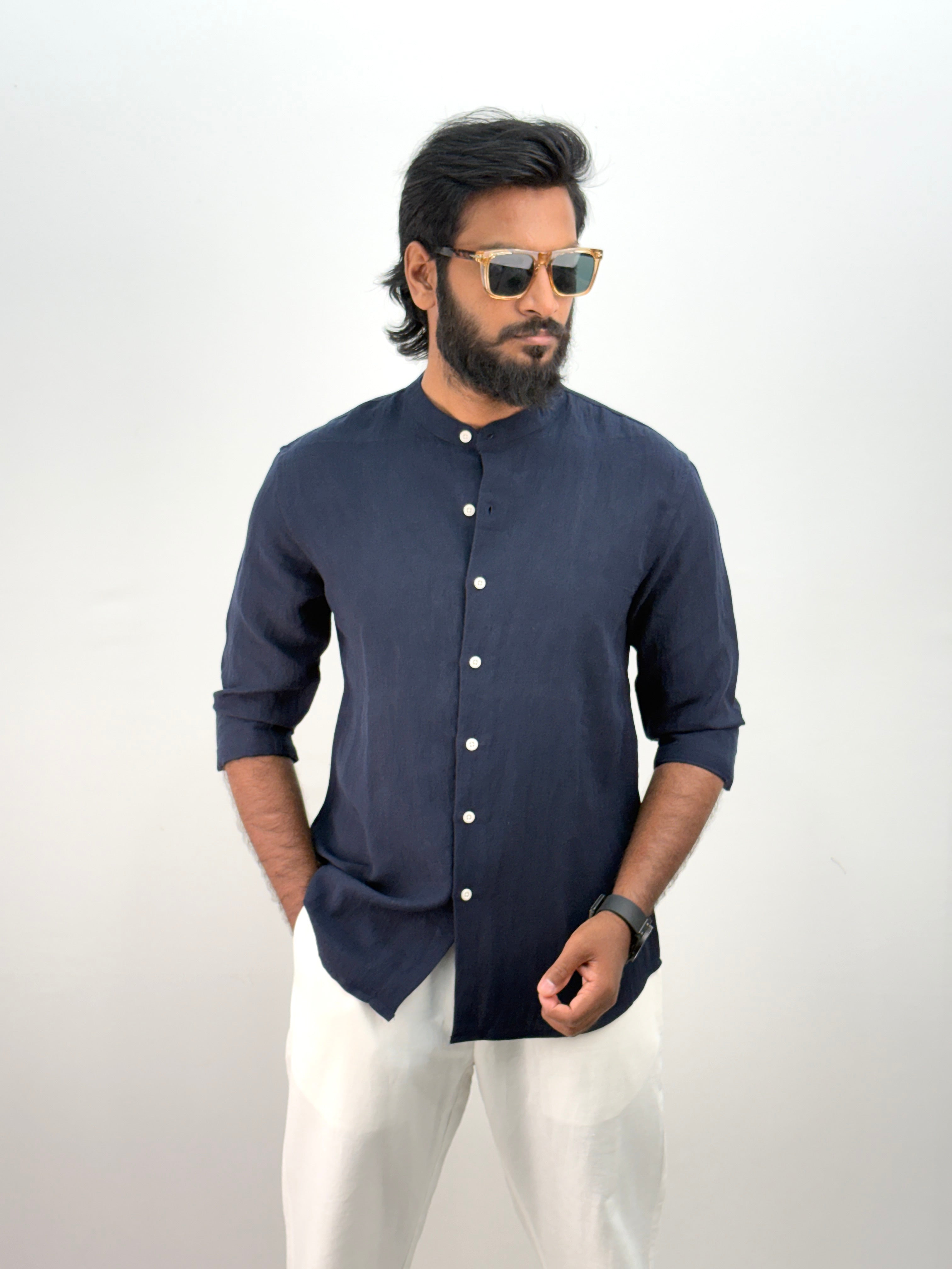 Navy IMP Mandarin Collar Shirt
