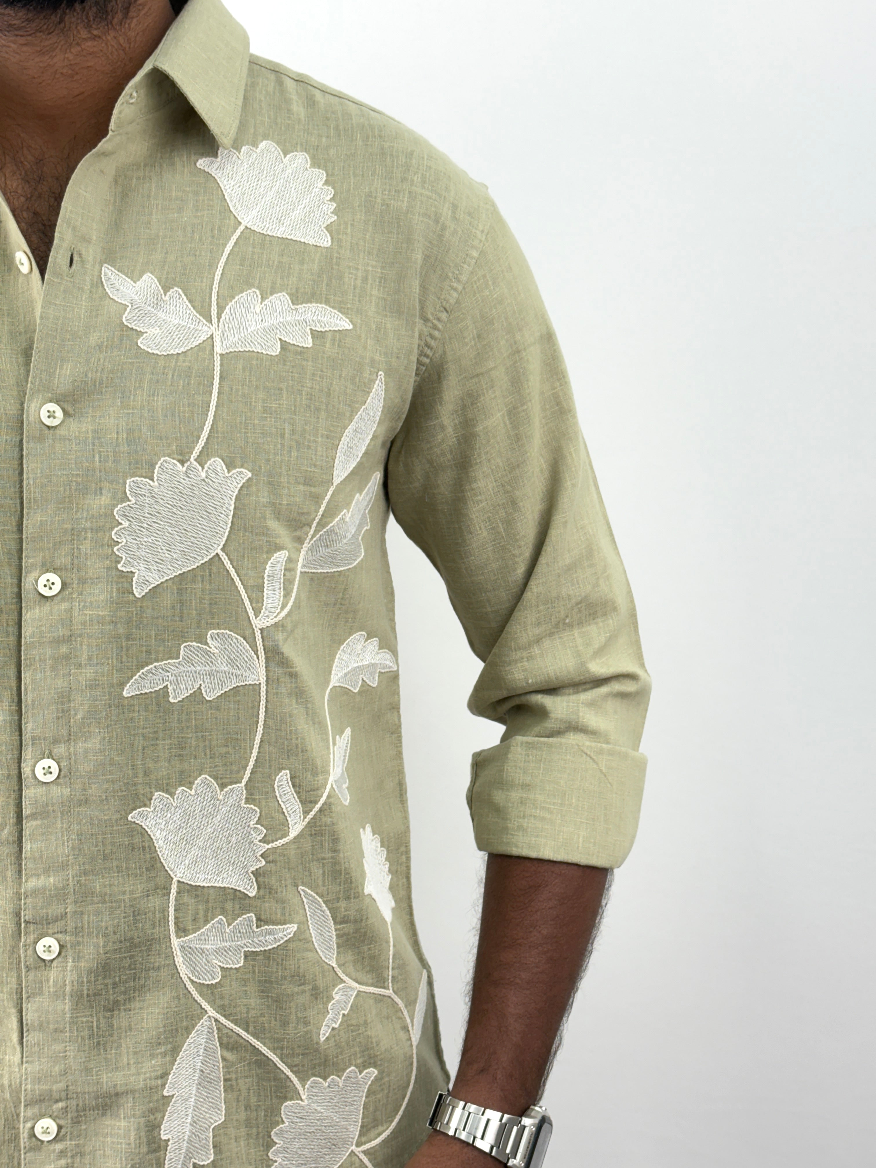 Green Linen Embroidery Shirts