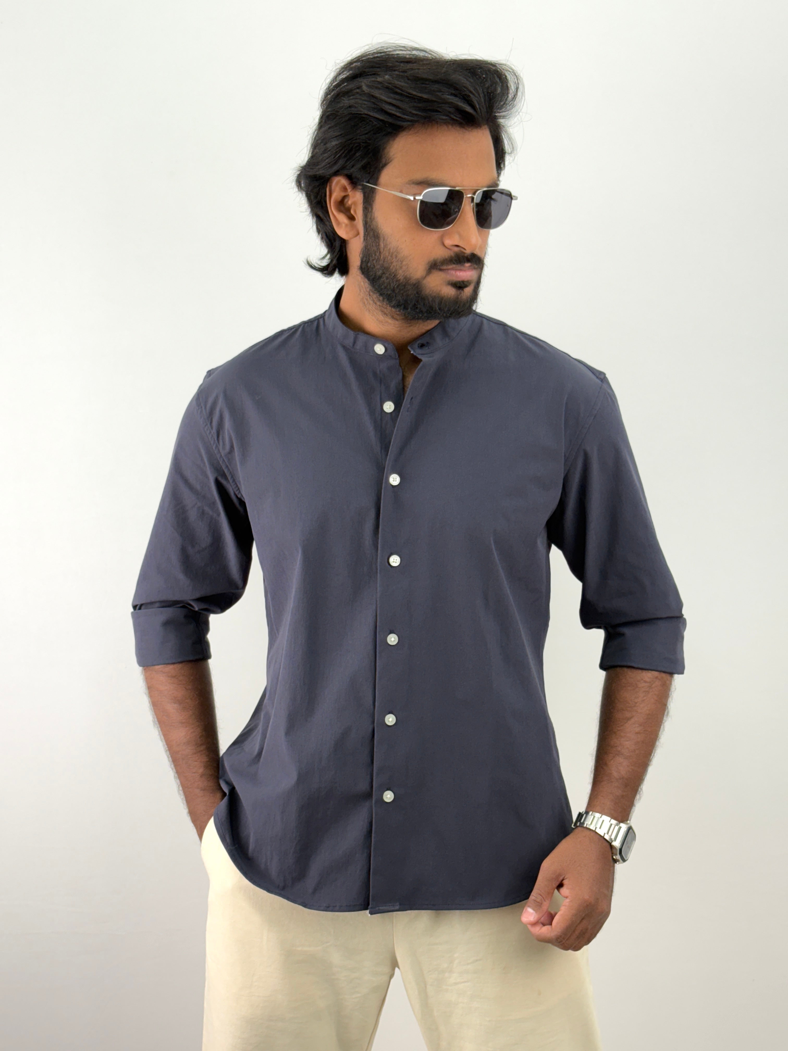 Navy Mandarin Collar Shirt