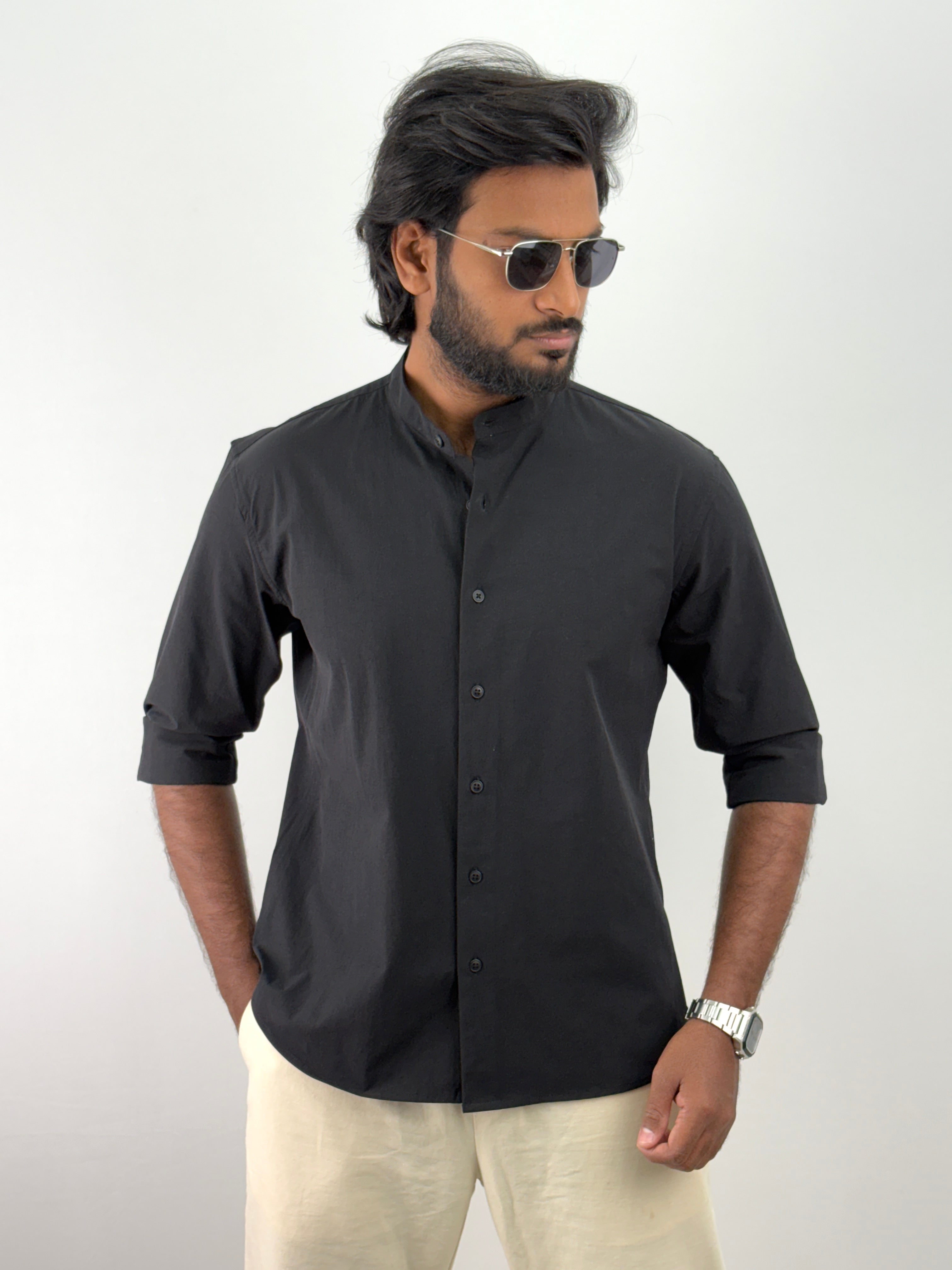 Black Mandarin Collar Shirt