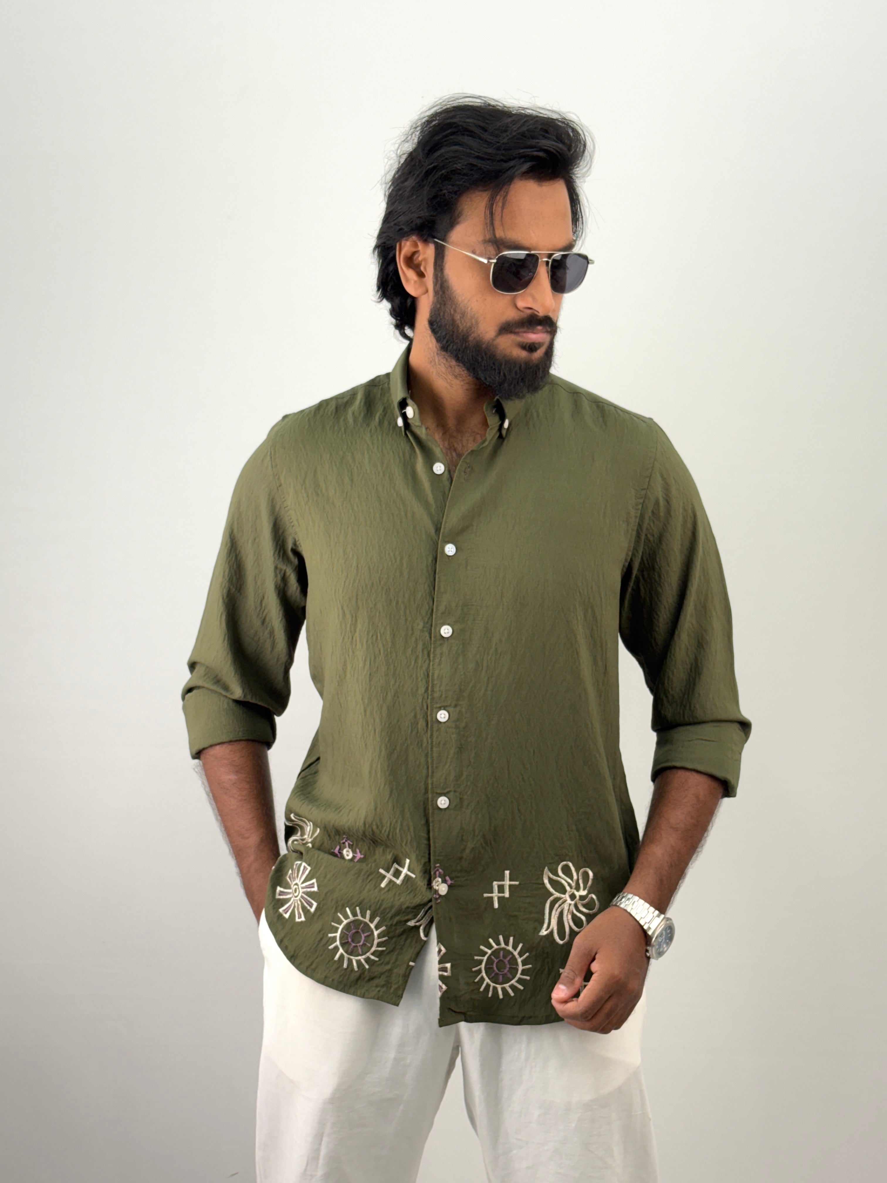 Dark Green Bottom Embroidery Shirt