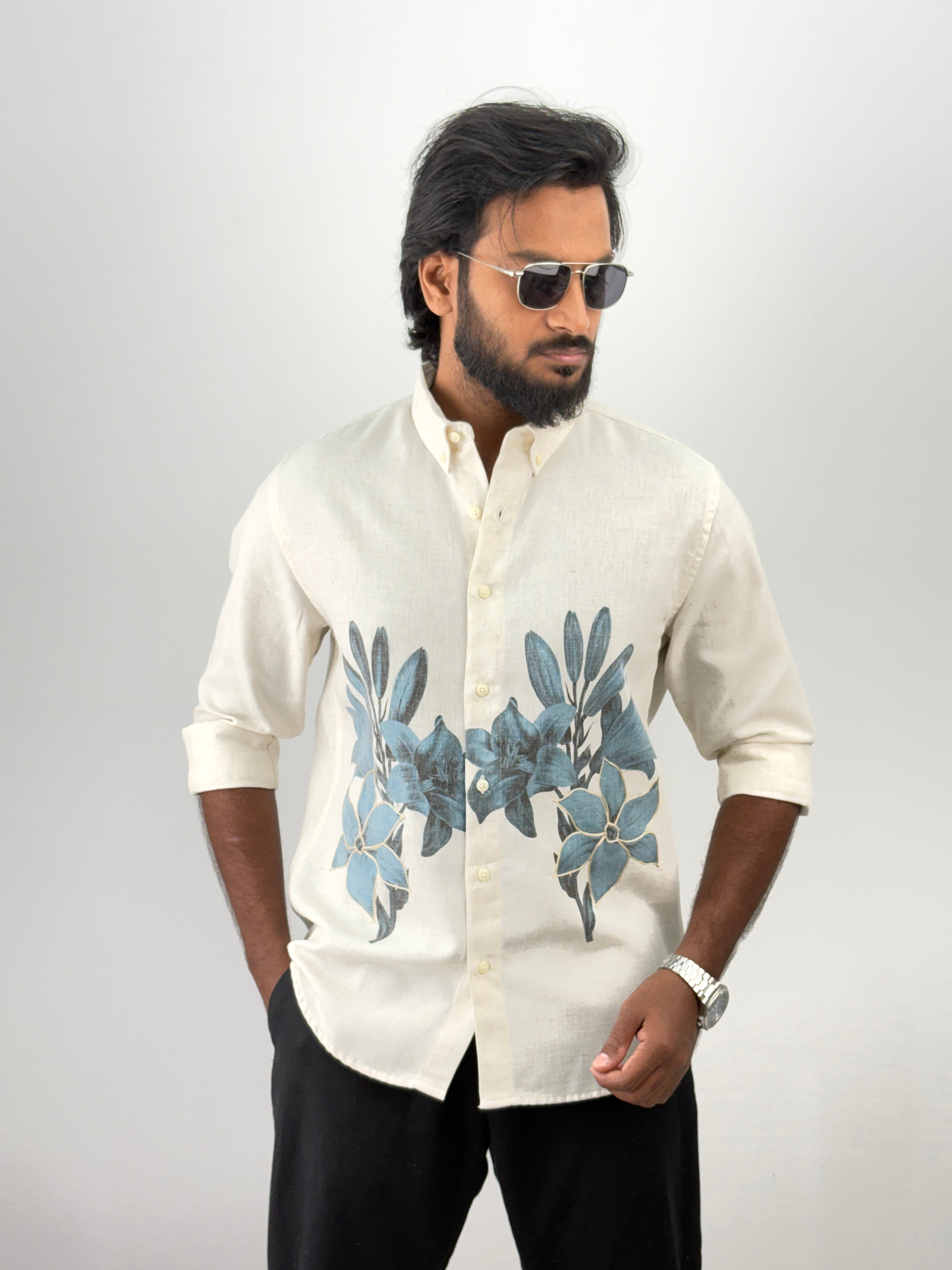 Beige Blue Linen Embroidery Shirt 4
